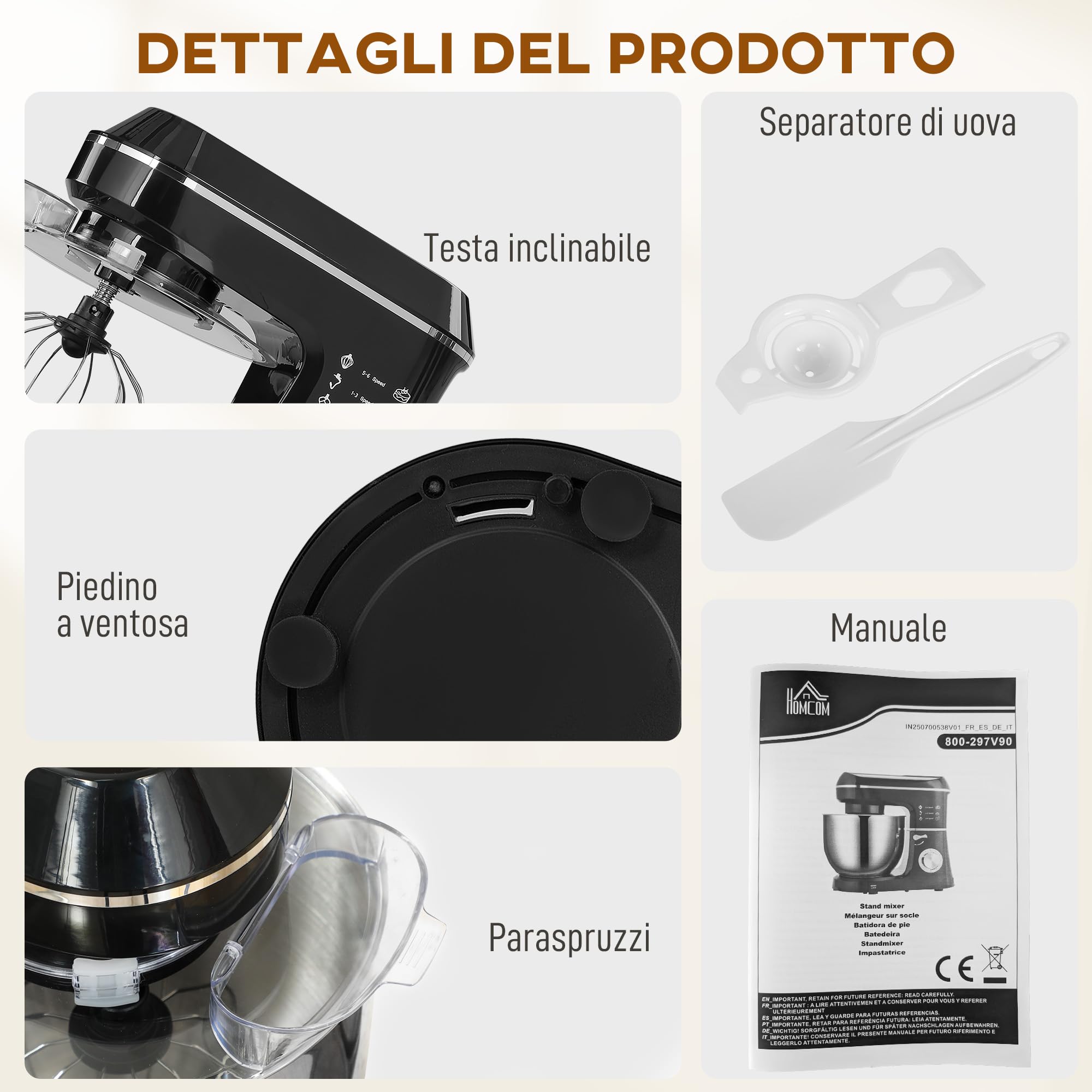 HOMCOM Impastatrice Planetaria con Ciotola Inox 7L, 1400W 6 Velocità Pulse, Testa Inclinabile, Planetaria Professionale Antiscivolo con Gancio Impastare, Frusta, Sbattitore, Paraschizzi e Accessori