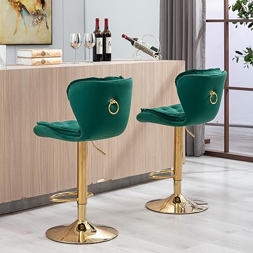 Miniatura 5 de wrtgerht Juego de 2 taburetes de bar sin brazos, silla de bar de terciopelo con reposapiés cromado y base giratoria de altura ajustable mecánica,
