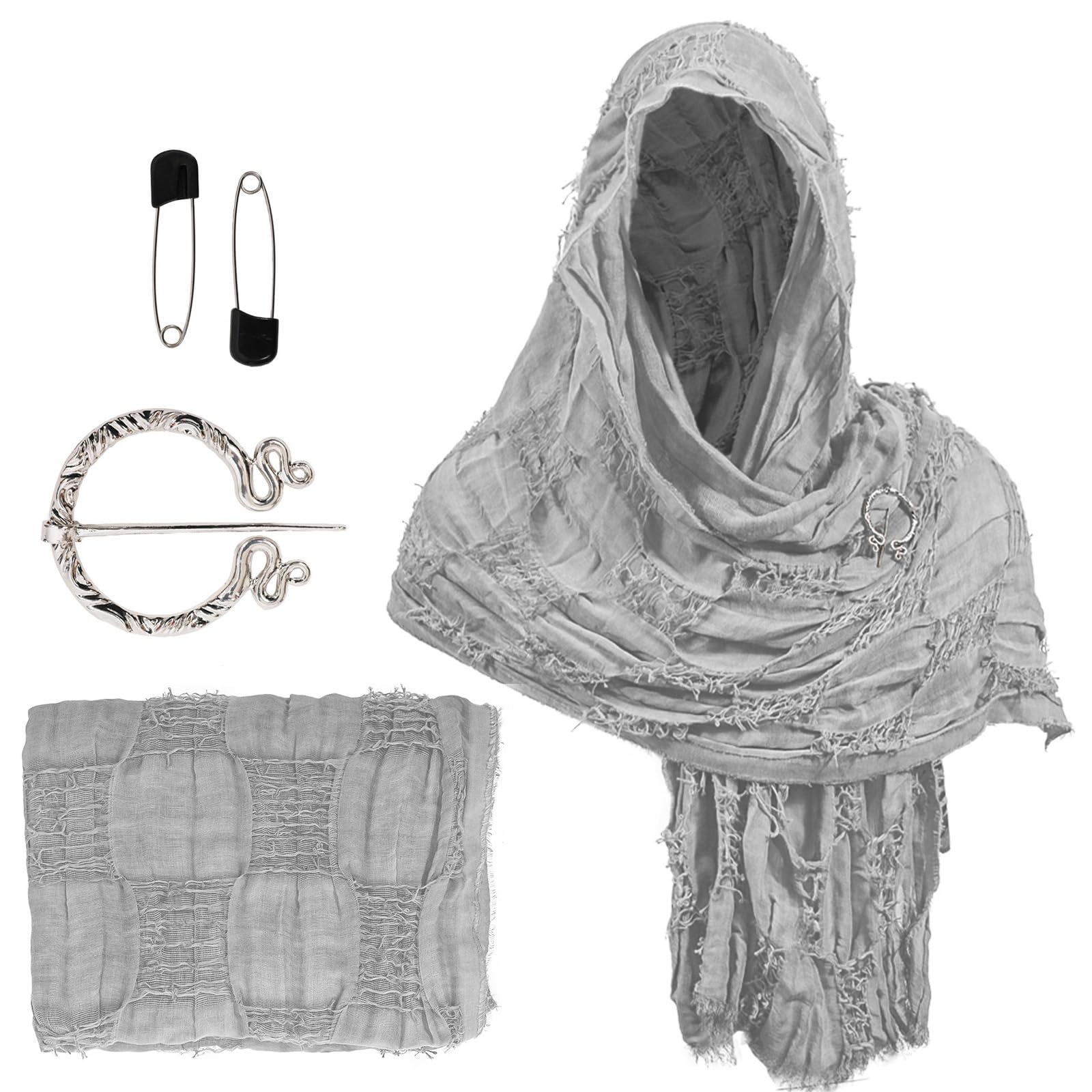 MHADBKH Post Apocalyptic Scarf Wrap Distressed Shawl with Brooch Pin Medieval Cosplay Headwear Historical Costume Accessories Medieval Cloak