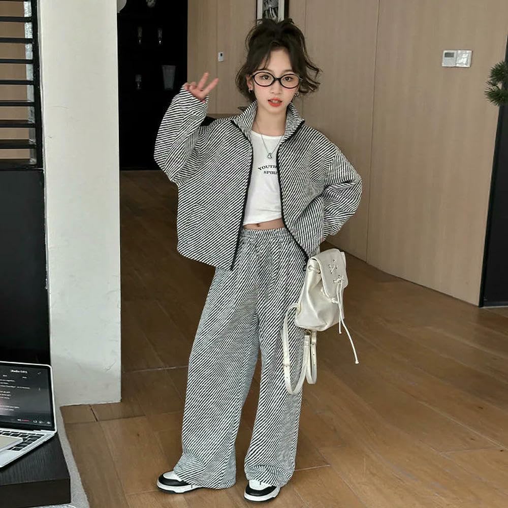 GLDFW - Conjunto de 2 piezas para niñas y adolescentes, a la moda, chaqueta a rayas y pantalones deportivos sueltos