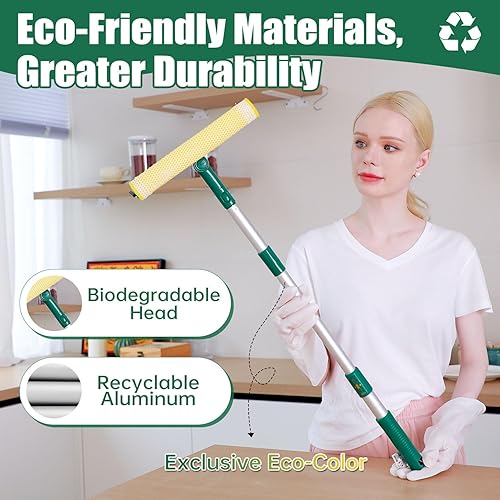 Miniatura 4 de Escobilla para limpieza de ventanas con mango largo de 60 pulgadas, esponja limpiadora de ventanas 2 en 1 y goma de hoja de doble cara, herramienta
