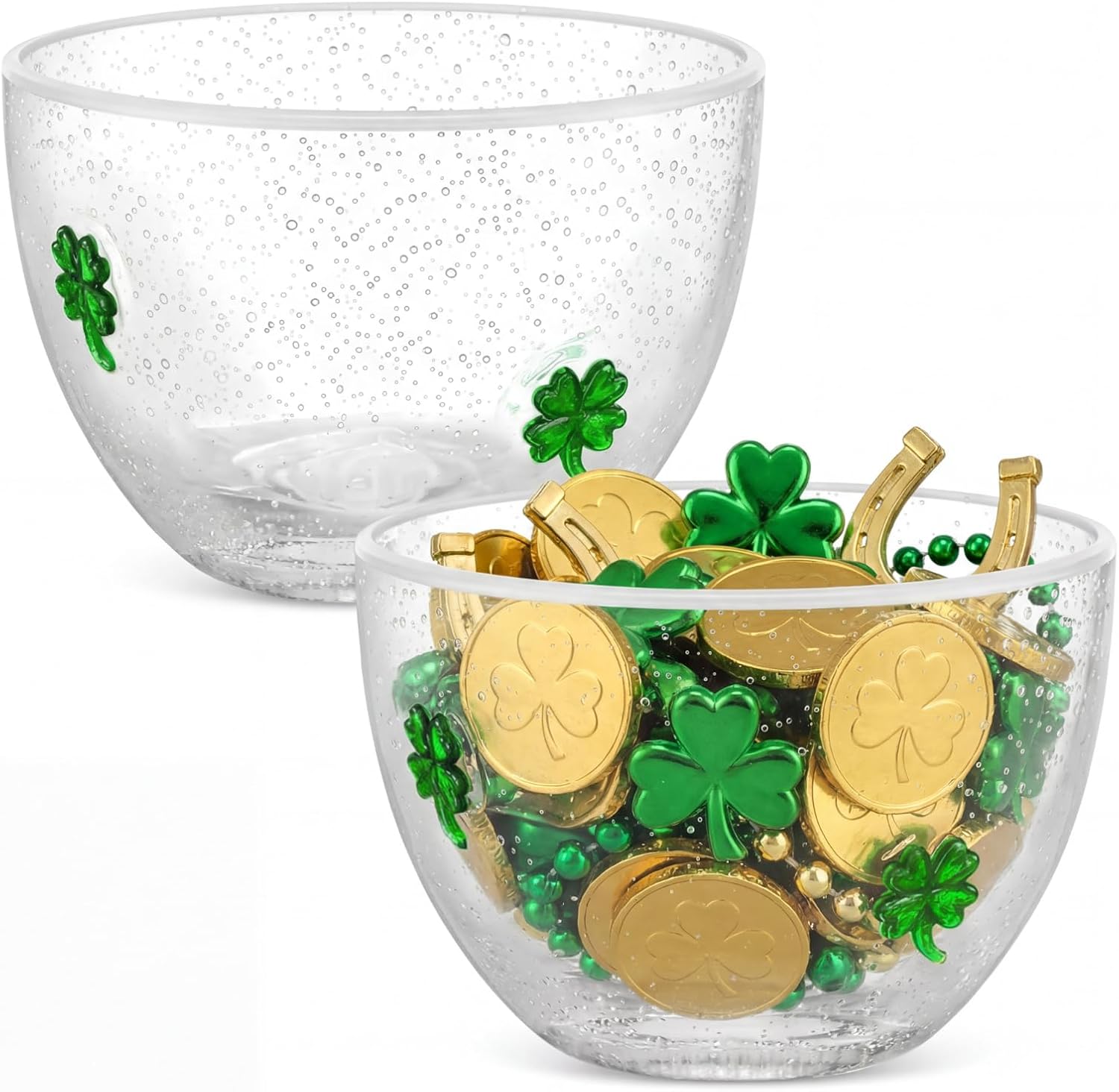 Potchen 2 Pcs St. Patrick's Day Clover Candy Bowls Dish, 14oz Green Clover Clear Glass Snack Dessert Bowl with Bubble for Office Desk Lucky Irish Gifts Party Favors Table Decoration