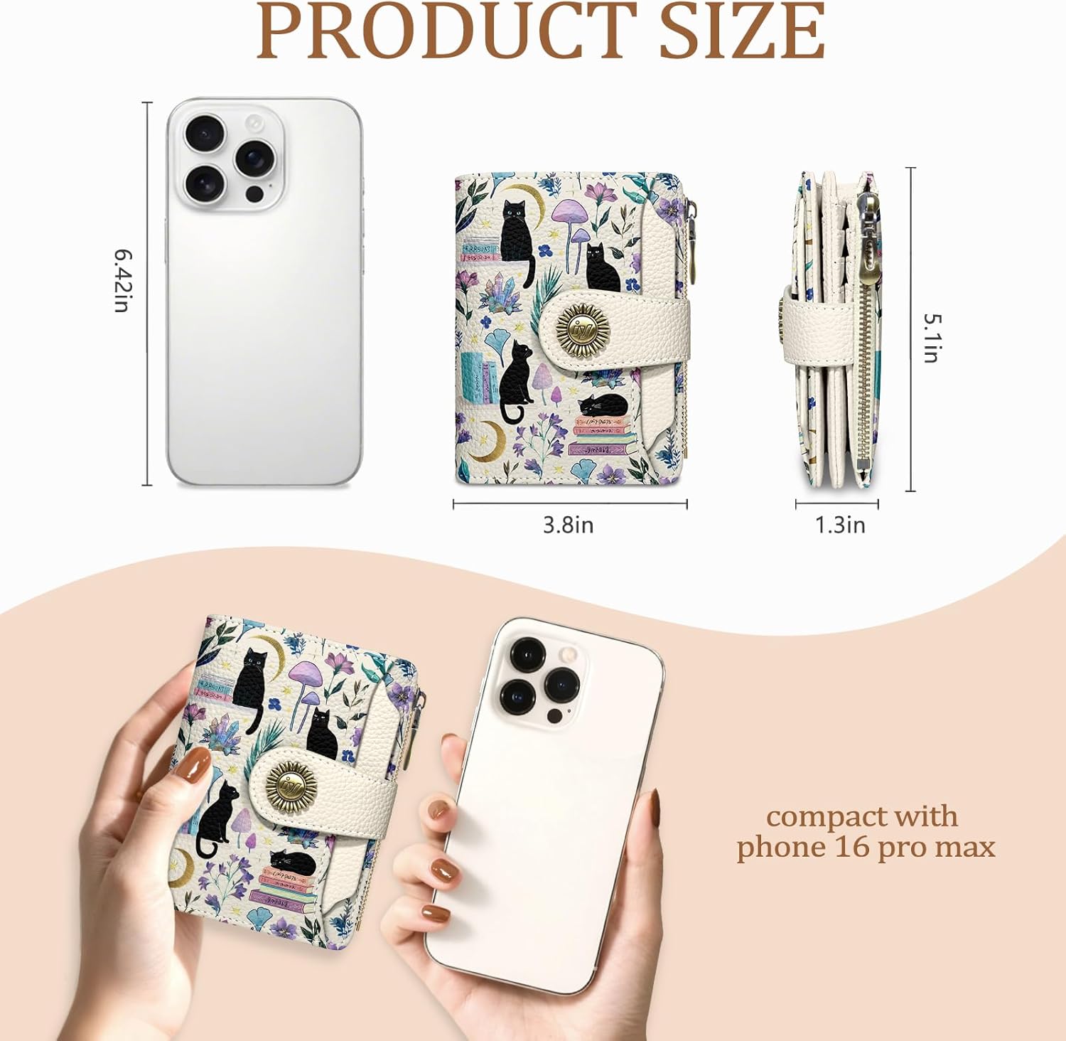 Black Cat Small Wallet Women RFID Blocking Bifold, Cute Credit Card Holder, Zipper Coin Pocket, PU Leather, Compact, Travel, 4 ID Window, 14 Card Slots, Cash Purse, Ladies Woman Female Girls - Image 4