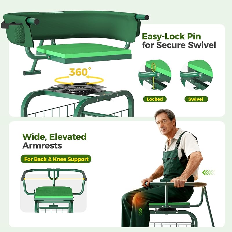 Suntee Garden Seat with Wheels, Rolling Gardening Stool with 360° Swivel Seat & Backrest,Tool Storage Basket & Back Tool Pouch, Adjustable Handle, Outdoor Gardening Scooter, Garden Cart for Seniors image 4