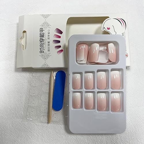 Miniatura 3 de Uñas postizas a presión con degradado rosa y blanco, uñas postizas cuadradas medianas, uñas con pegamento rosa, uñas postizas blancas con diseño,