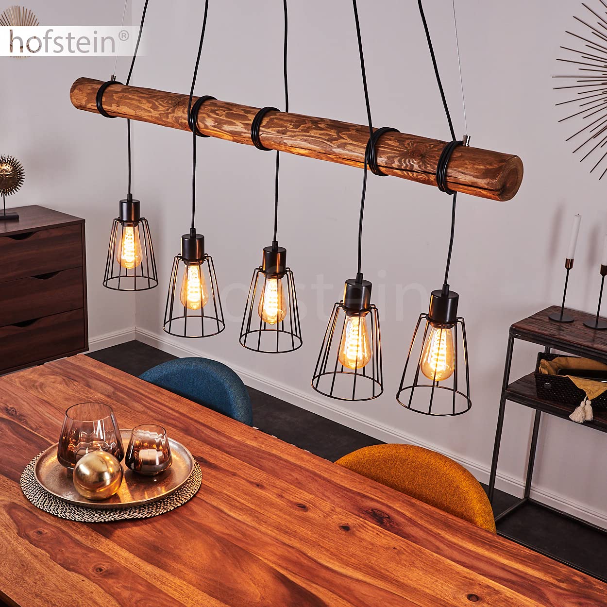 Lampa wisząca Canedo, 5-lampowa lampa wisząca z metalu/drewna w kolorze czarnym/brązowym w stylu skandynawskim, lampa wisząca z drewnianym prętem i kloszami w kształcie kraty, 5 x E27, bez żarówek