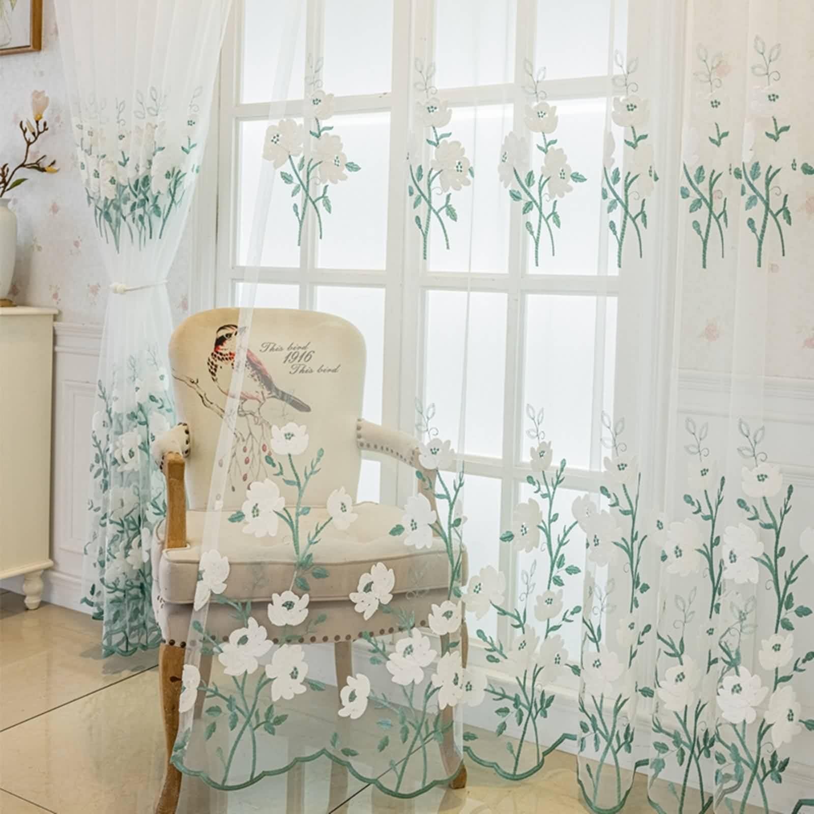Gardinen Vorhänge, Küchenvorhang Modern Grün Weiß mit Häkelblume Polyester für Schlafzimmer Wohnzimmer 2er Set 86x138cm BxH