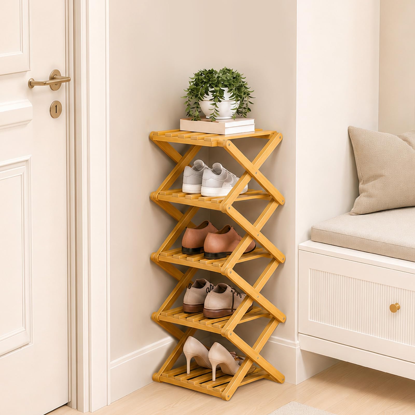 Jevervd Vertical Foldable Shoe Rack Small, 5 Tier Wooden Shoe Racks for Narrow Space Without Installation Free Standing Shoe Storage Cabinet Corner Shoe Rack for Corridor Bedroom Hallway Small