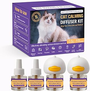 Cat Calming Pheromone Diffuser Kit, 2 Plug-Ins + 4 Refills (48ml Each), Long-Lasting Stress & Anxiety Relief, Reduces Fighting, Spraying & Scratching, Safe & Drug-Free Comfort for All Cats and Kittens