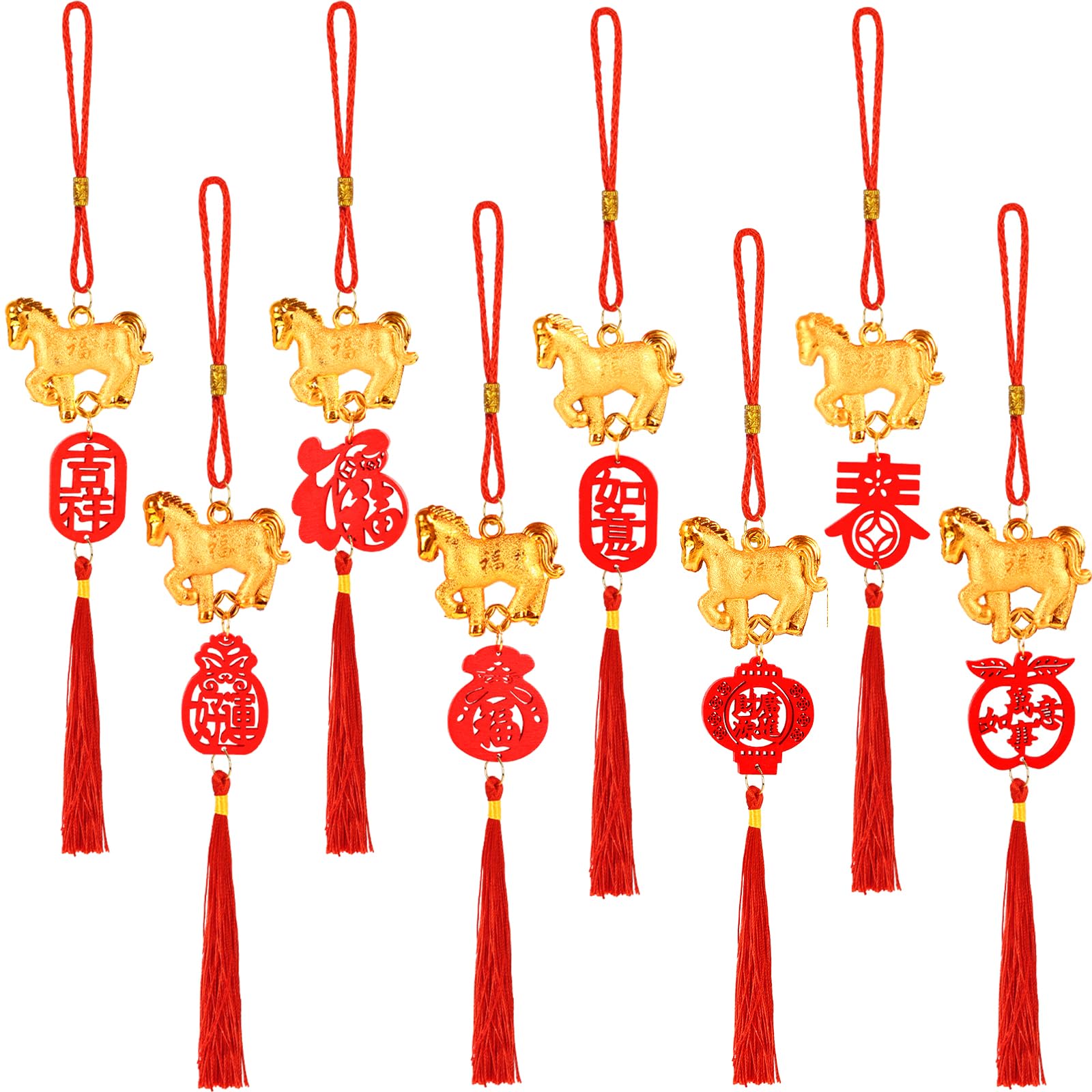 8 Pcs Chinese New Year Decor Decorations Lunar New Year 2026 Red Tassel Ornaments with Wealth Success Good Luck Hanging Decorations for Gifts Home Car Decor