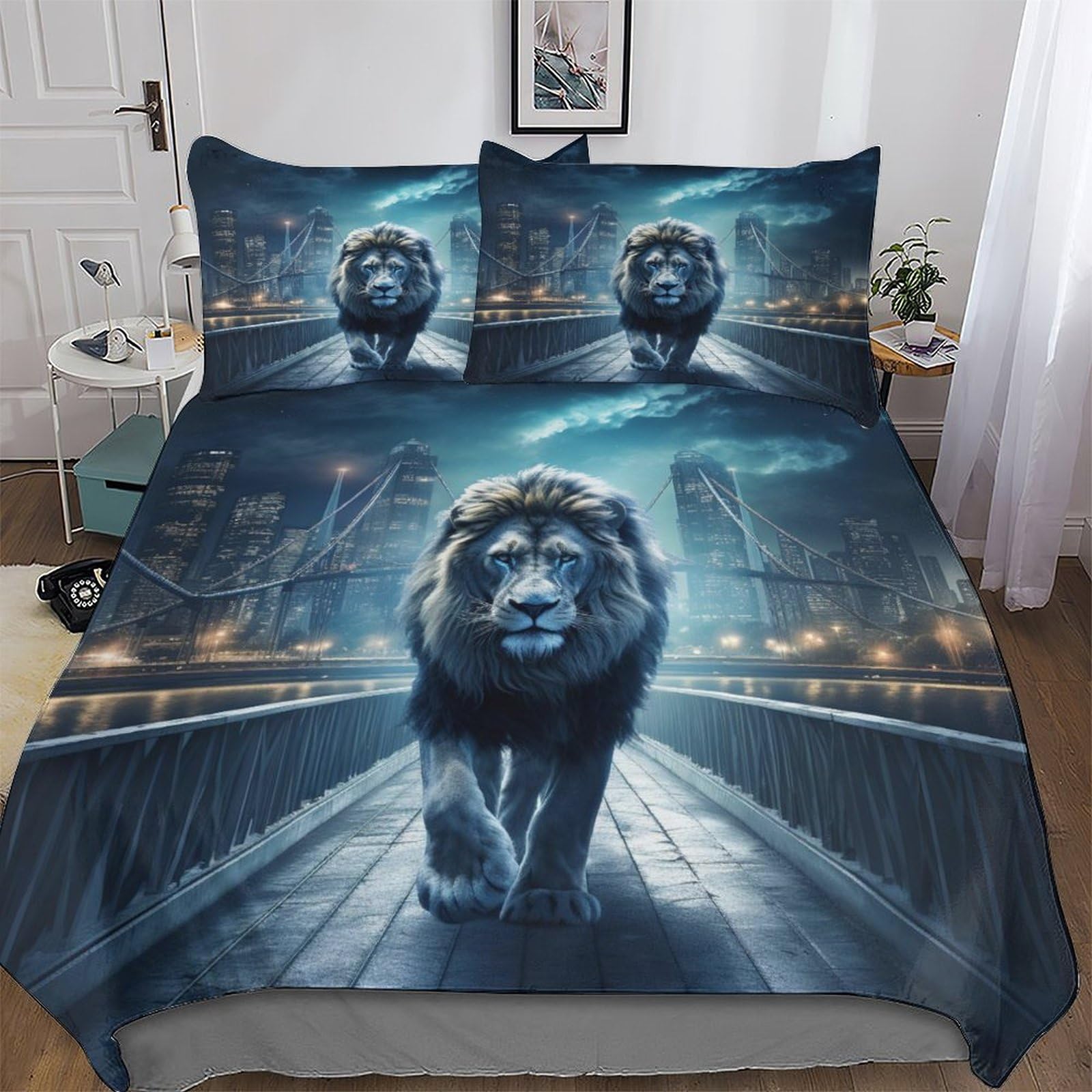 Housse de couette lion 200x200 parure de lit double enfant et adulte avec taies oreillers