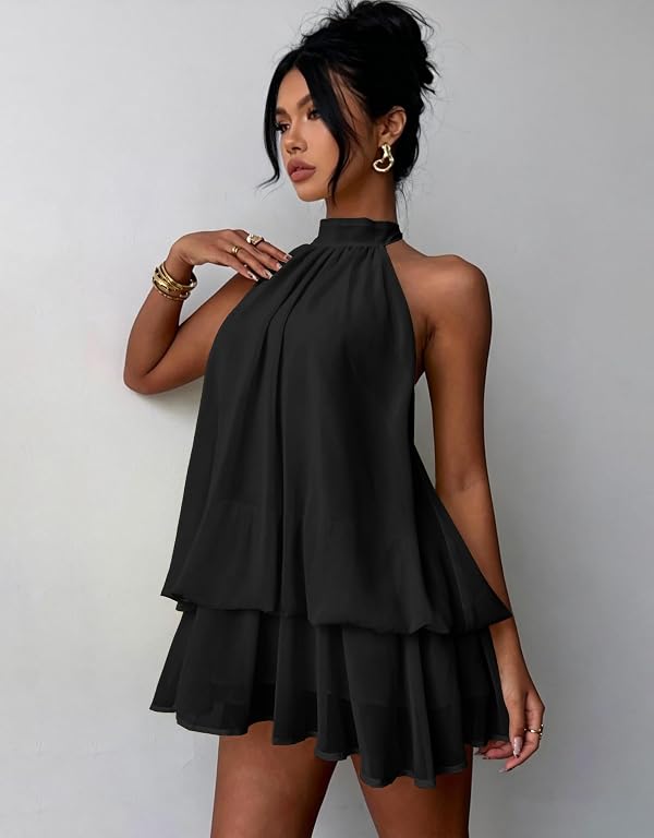 Women's Chiffon Halter Dress Backless Ruffle Hem Sleeveless Night Out Black by OVGEOU - Used condition - Image 6