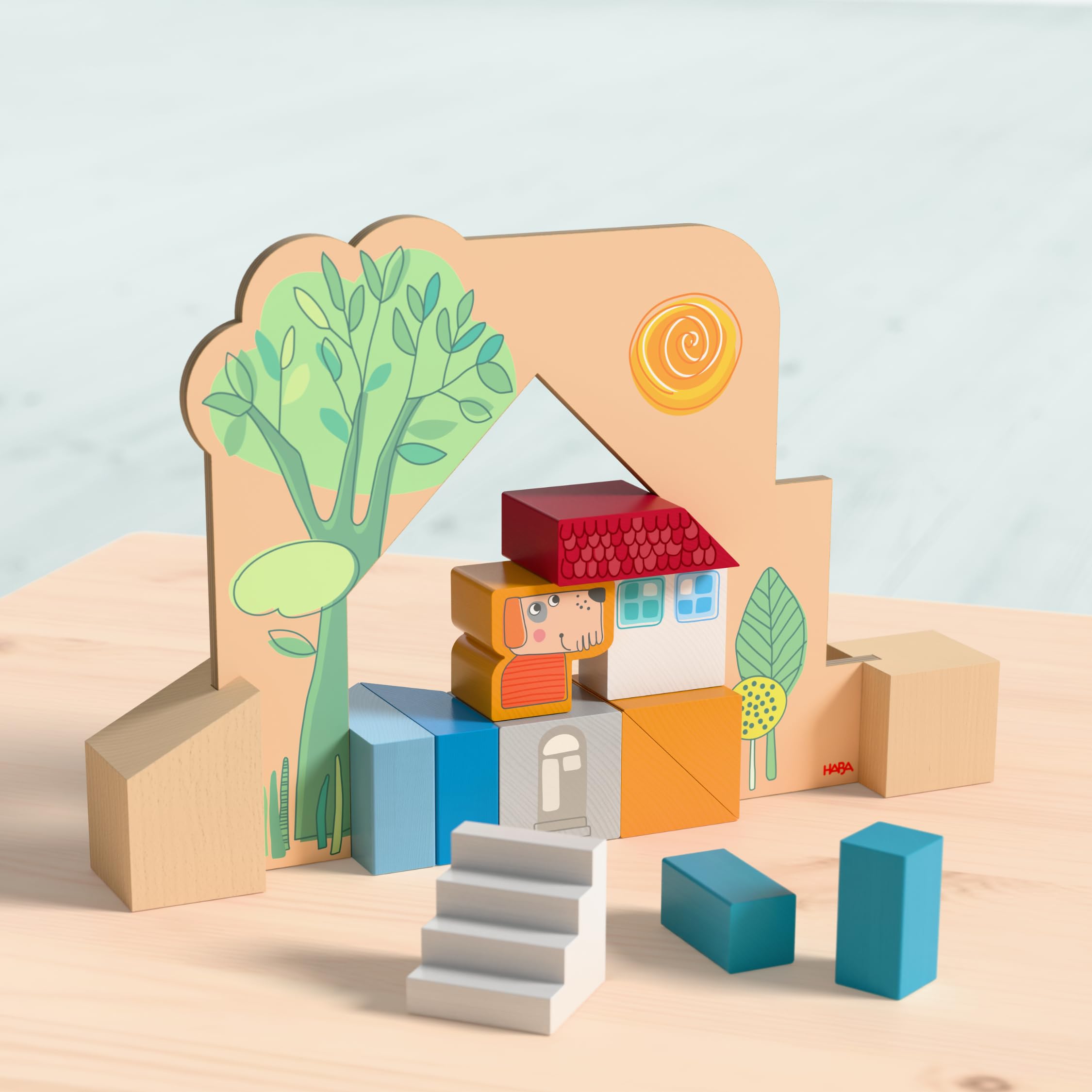 HABA Stapel- und Legespiel Bauspaß – 3D-Holzbausteine für Kinder ab 3 Jahren – Kreatives Konstruktionsspiel mit 20 Bausteinen & Vorlagekarten – 2012382001