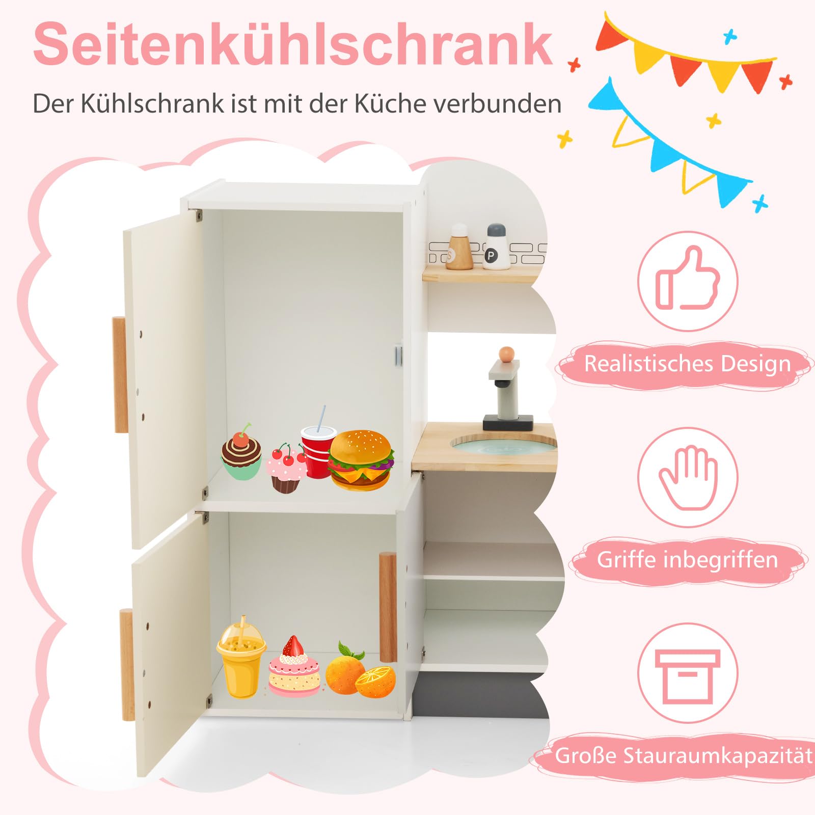 COSTWAY Kinderküche Holz, Spielküche mit Dustabzughaube, Kühlschrank, Wasserhahn & Küchenutensilien, Holzküche Spielzeugküche mit Stauraum für Kinder ab 3 Jahren