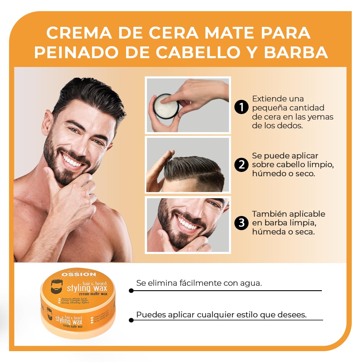 Morfose OSSION Hair & Beard Styling Cream Matte Wax 150 ml – Crema para peinar el cabello y la barba – cera de textura mate – agarre fuerte, acabado natural, peinado flexible – para todo tipo de