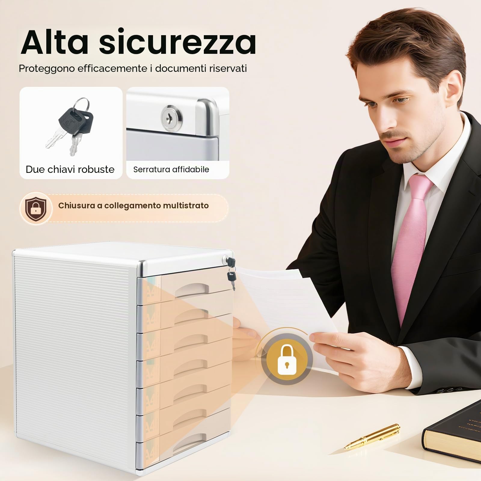 Cassettiera a 7 scomparti, robusta per ufficio, cassetti in metallo, con barra per scrivere e serratura di sicurezza, per riporre documenti e utensili in formato A4