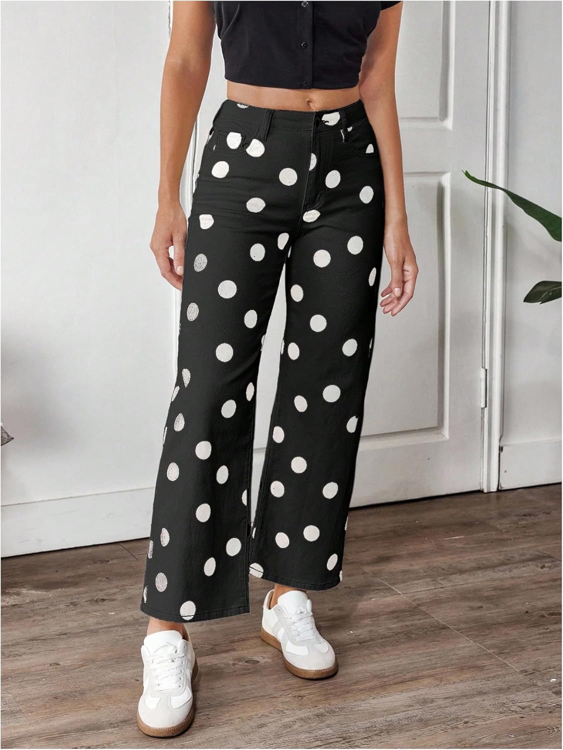 WDIRARA Women's Polka Dots Jeans Vintage Stretchy Straight Leg Denim Pants - Image 3