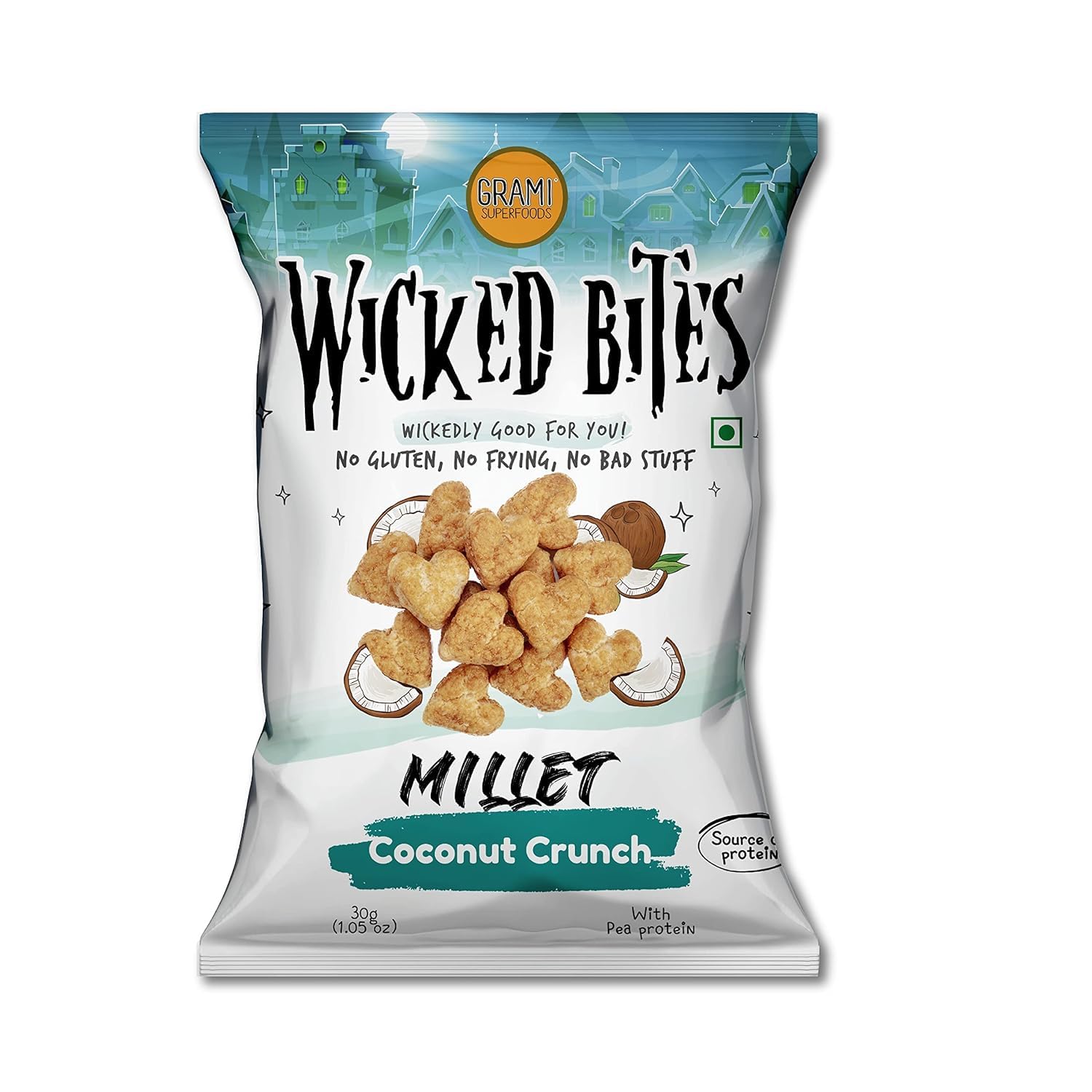 Grami Superfoods - Wicked Bites Coconut Crunch- 30gm | High Protein Millet Based Snacks | No Gluten |No Frying |Sweeten With Jaggery | Added Pea Protein | Millet Snacks (PACK OF 4)