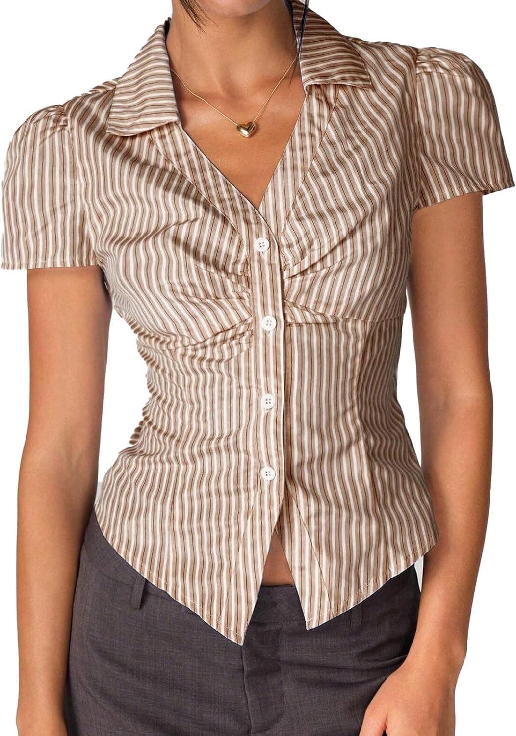 Y2K Women Striped Button Down Shirt Sexy V-Neck Turn Down Collar Puff Sleeve Casual Work Slim Short Blouses - Image 5