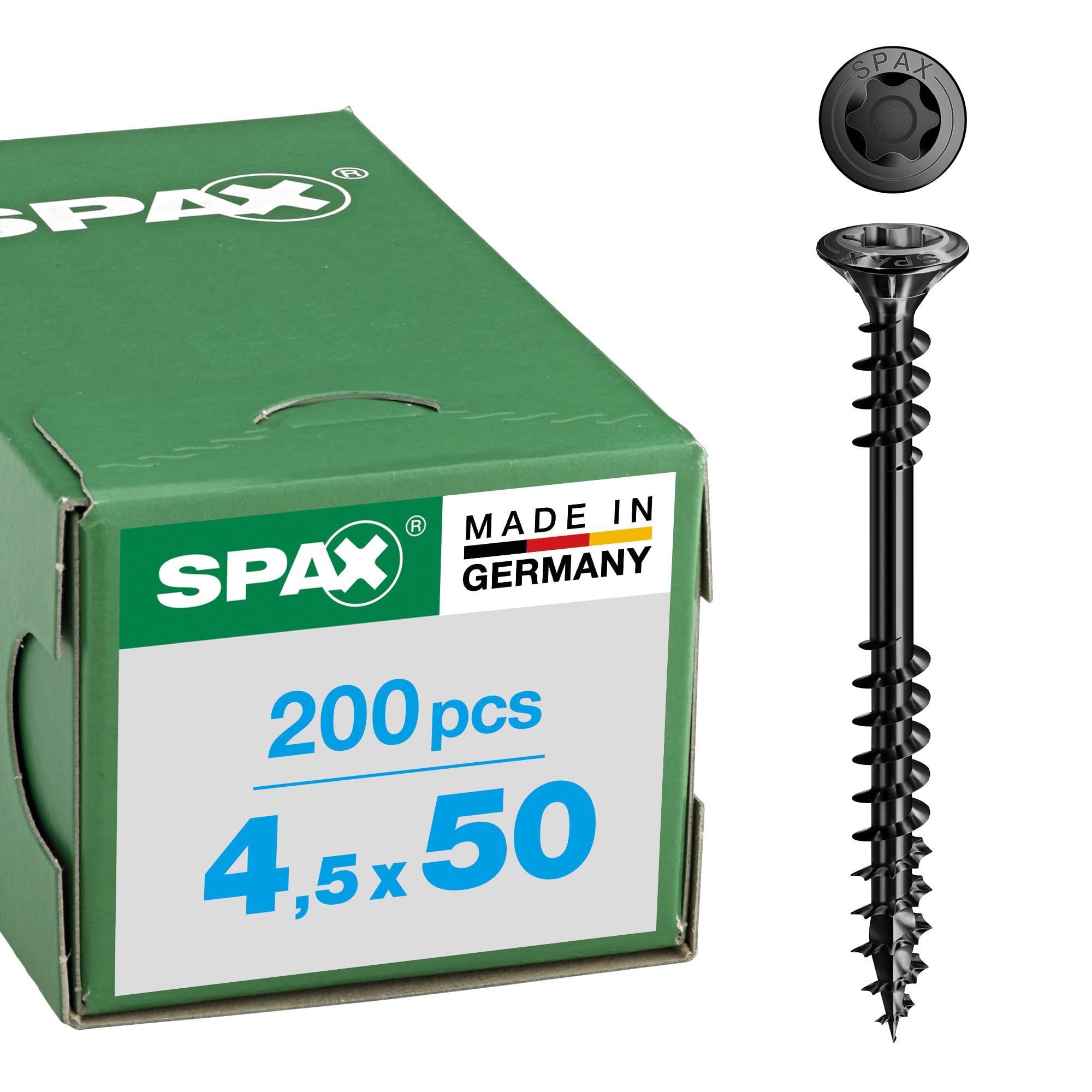 SPAX Śruba fasadowa 4,5 x 50 mm, 100 sztuk, stal nierdzewna A2 BLAX, gwint mocujący, T-STAR plus T20, łeb wpuszczany soczewki, 4CUT – 25470404505022
