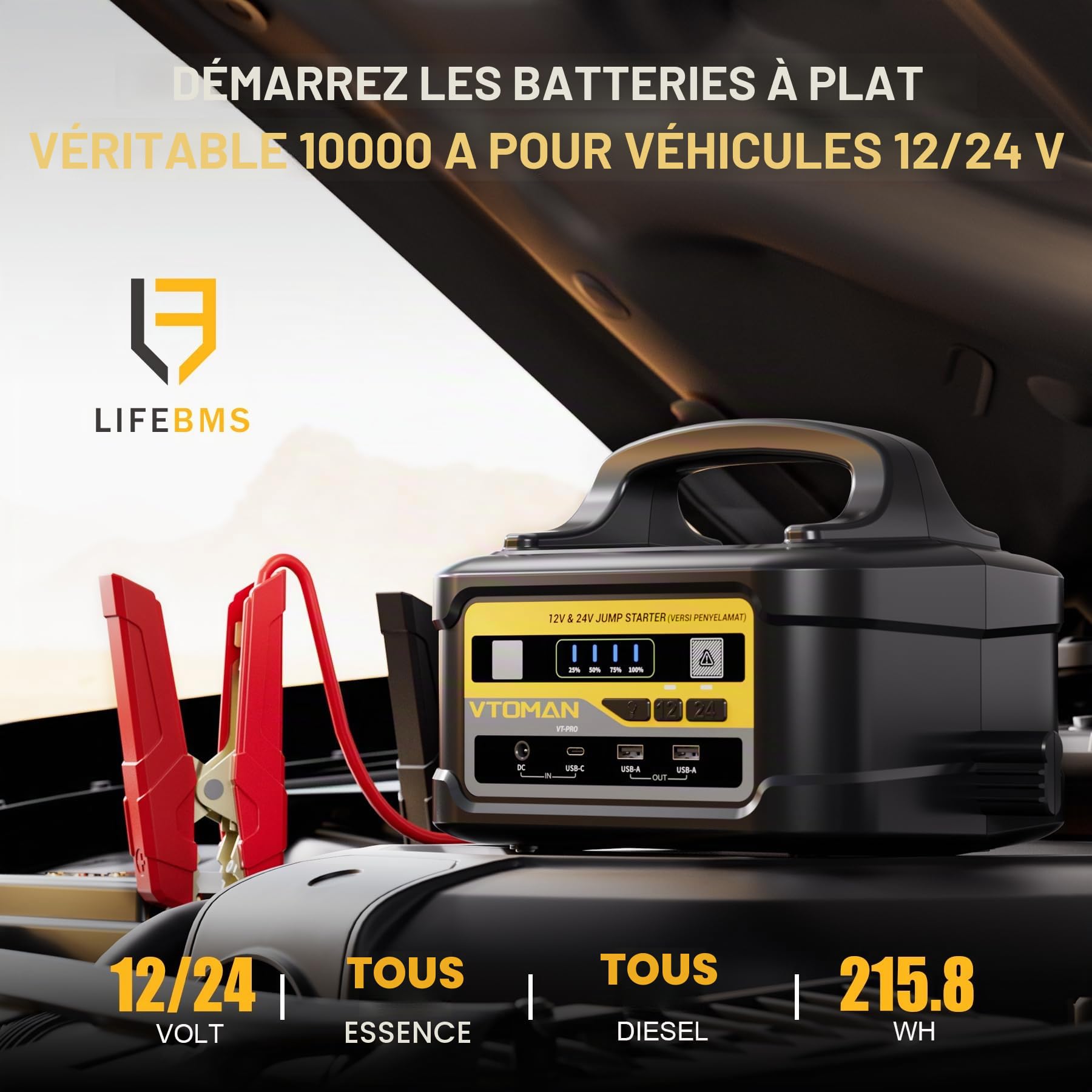 VTOMAN VT-PRO 10000A 12V/24V Batterie Externe de Démarrage–58800 mAh Démarreur de Batterie Auto Portable avec Charge Rapide 145W, Démarreur pour Camions, Camping-Cars et Yachts (Tous Essence & Diesel)
