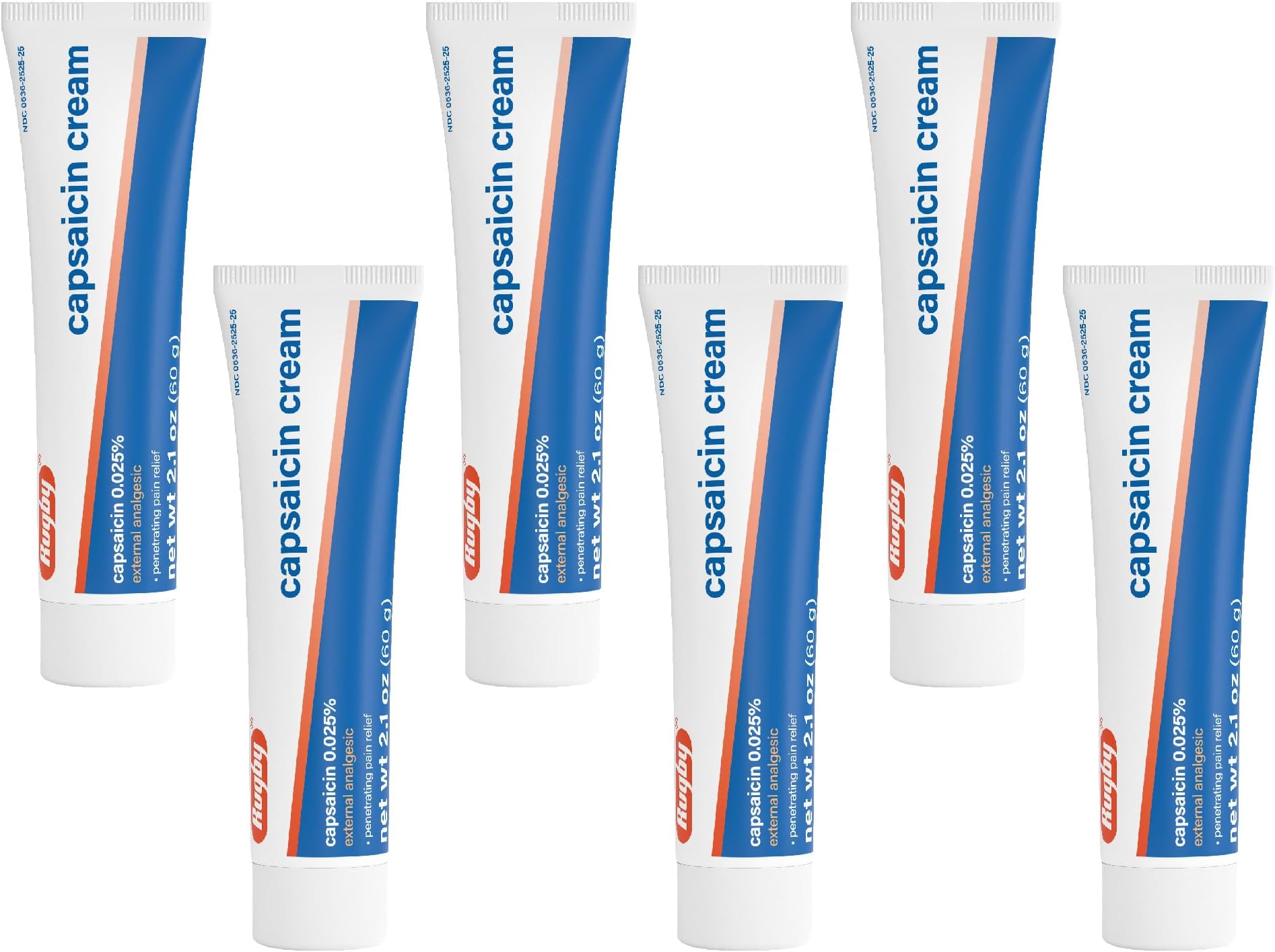Rugby Capsaicin 0.025% Cream for Penetrating Pain Relief - 2.1 Oz (60g) (6 Pack)