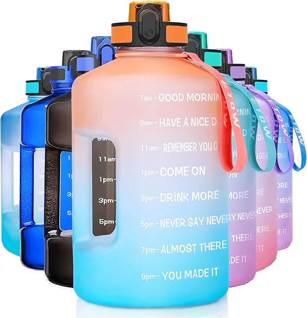 ETDW Half Gallon Water Bottle Time Marker, 2.2Litre BPA Free Gym Water Jug with Handle, LeakProof Pop Up Daily Water Intake Bottle Orange Green