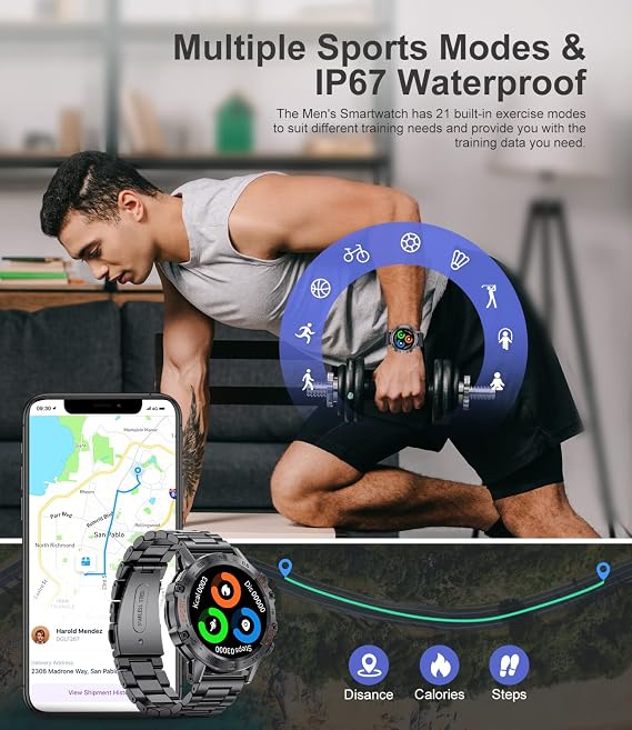 Military Smart Watch for Men, Smart Watches with Bluetooth Voice Call Compatible Android iOS Phone, Smartwatch with Heart Rate SpO2 Pressure Sleep Monitor, IP67 Waterproof Tactical Fitness Watch