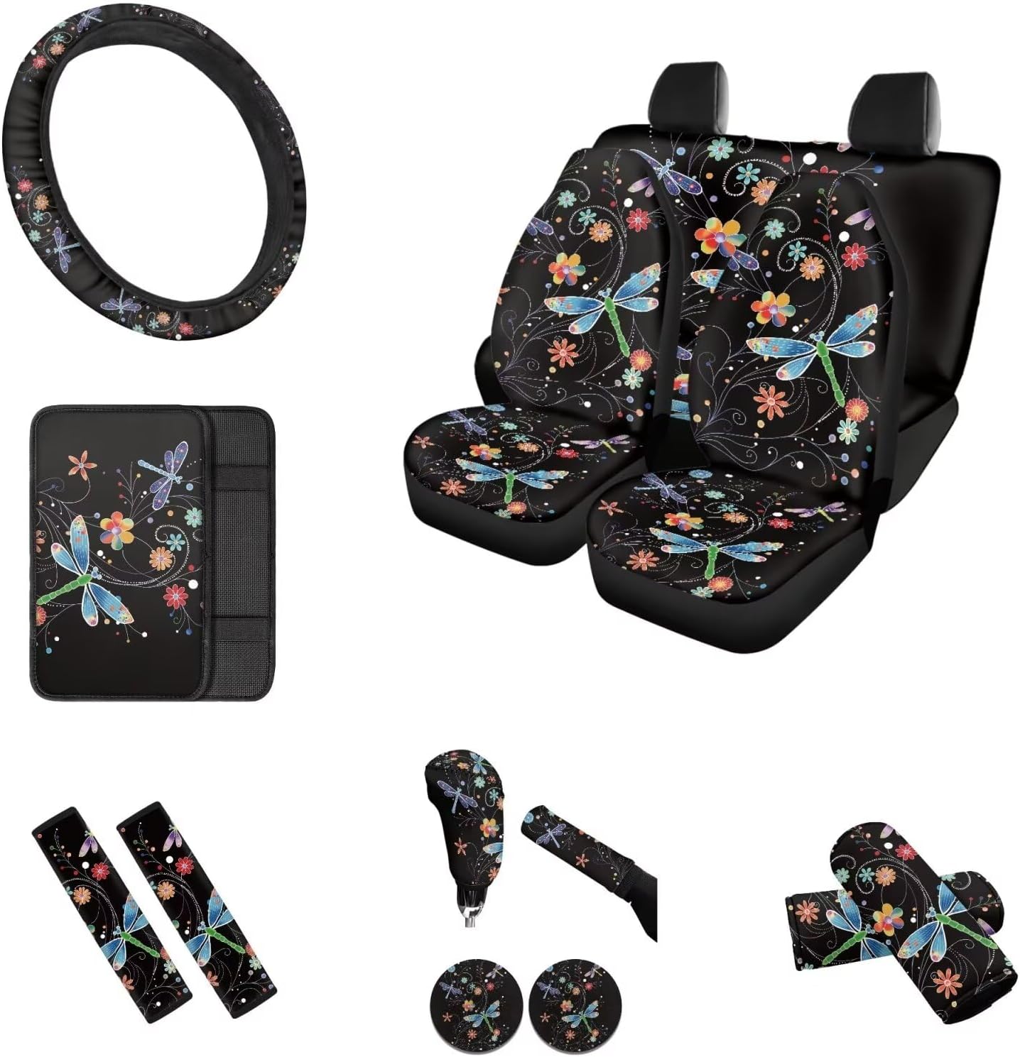 14 Pack Dragonfly Colorful Floral Car Seat Covers, Auto Steering Wheel+Seatbelt Pads Handbreak Cover Vehicle Coasters+Armrest Box Cushion+Vehicle Interior Car Grab Bar Cover Accessory