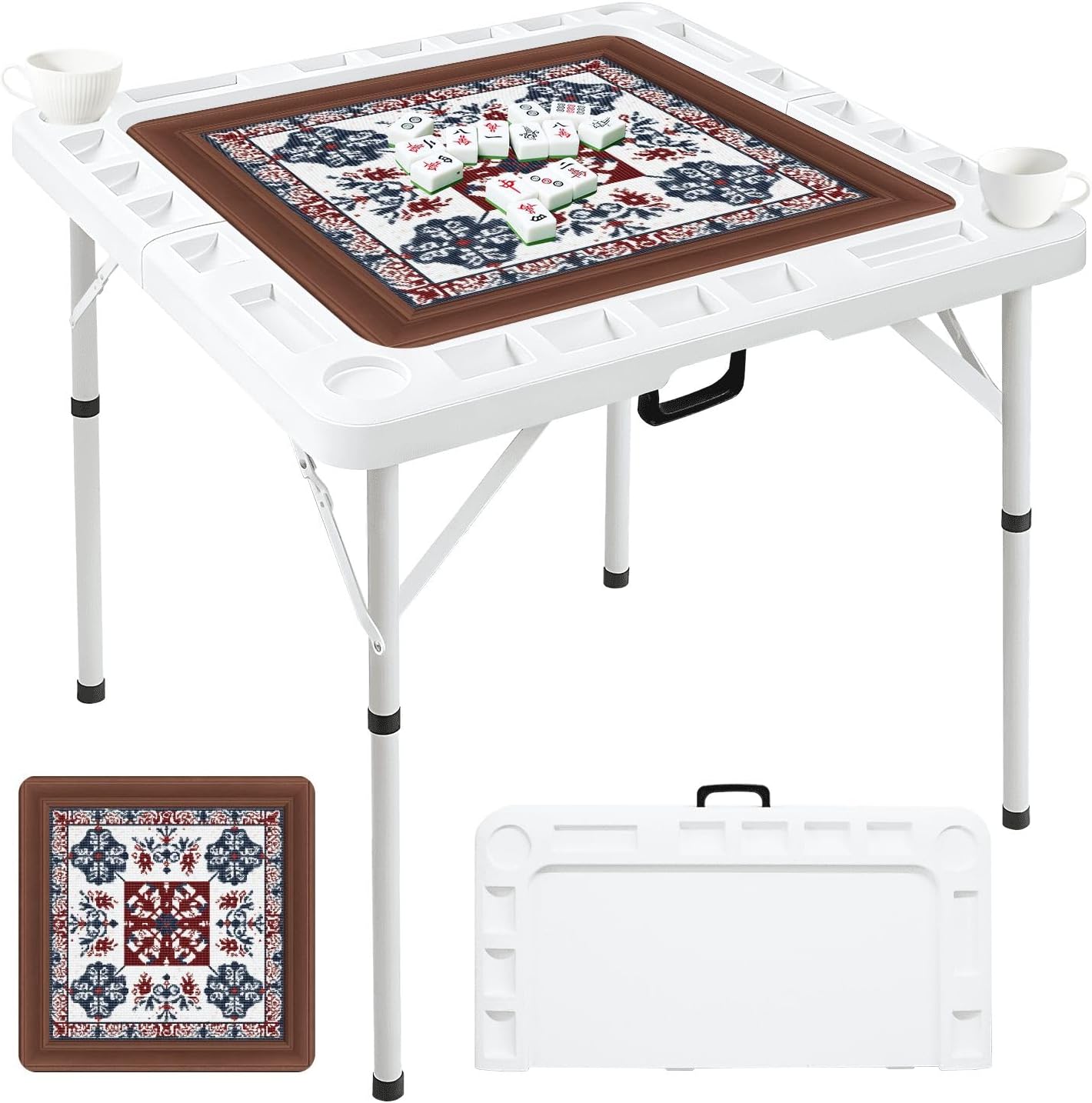 Folding Mahjong Table with Blue Red Floral Tile Frame Intricate Design Wear-Resistant Mahjong Mat, 4 Cup Holders & Chip Trays for 4 Players Square Portable Card Table for Poker Domino