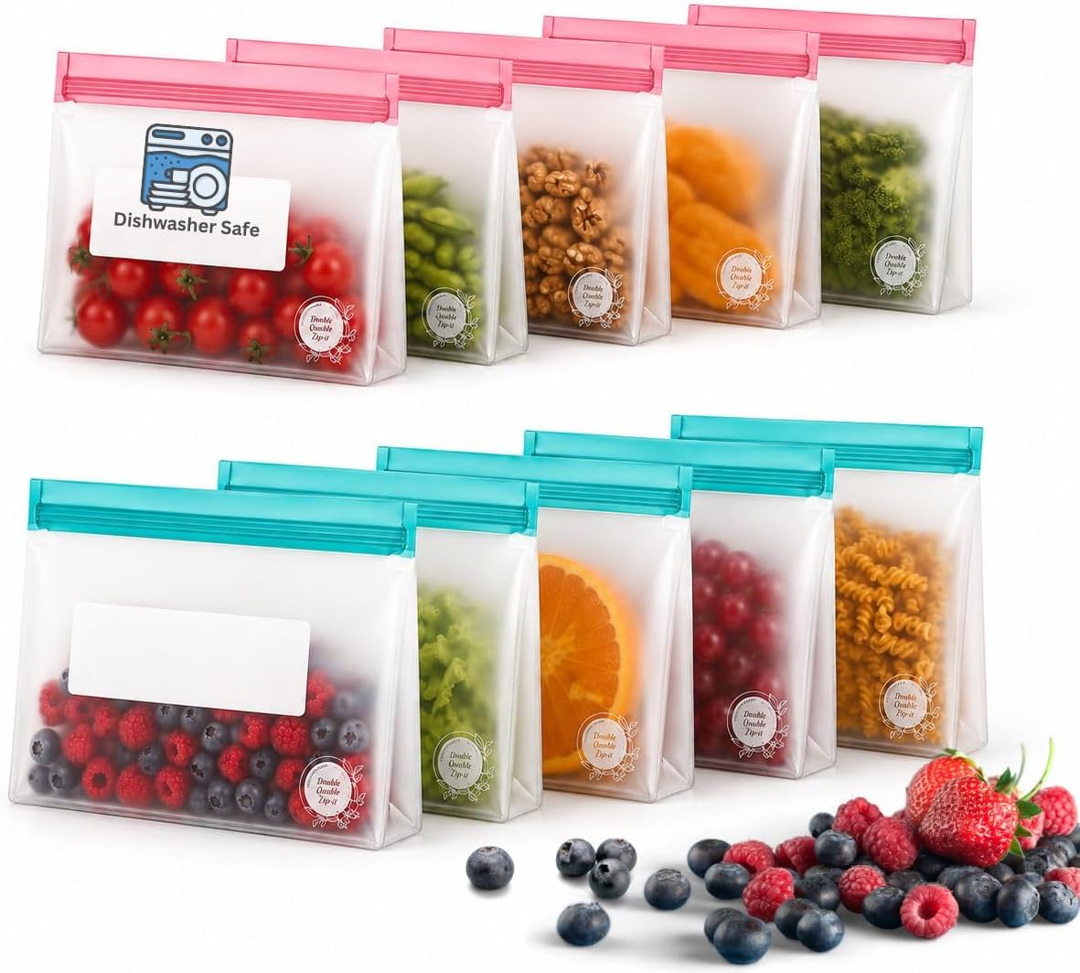 Reusable Food Storage Bags – 10-Pack Stand-Up, BPA-Free, Freezer, Dishwasher Safe, & Eco-Friendly– 5 L, 5 M Bags – Airtight Leakproof Sandwich, Snack, Travel & Make-Up baggies (Multicolor)