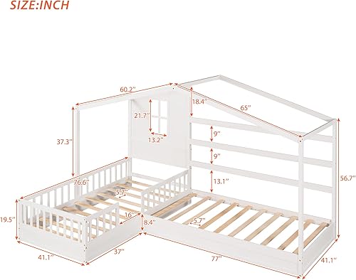 Miniatura 2 de Cama de casa en forma de L para 2 niños marcos de cama doble individual para niños con techo ventanas valla y diseño de listones cama doble
