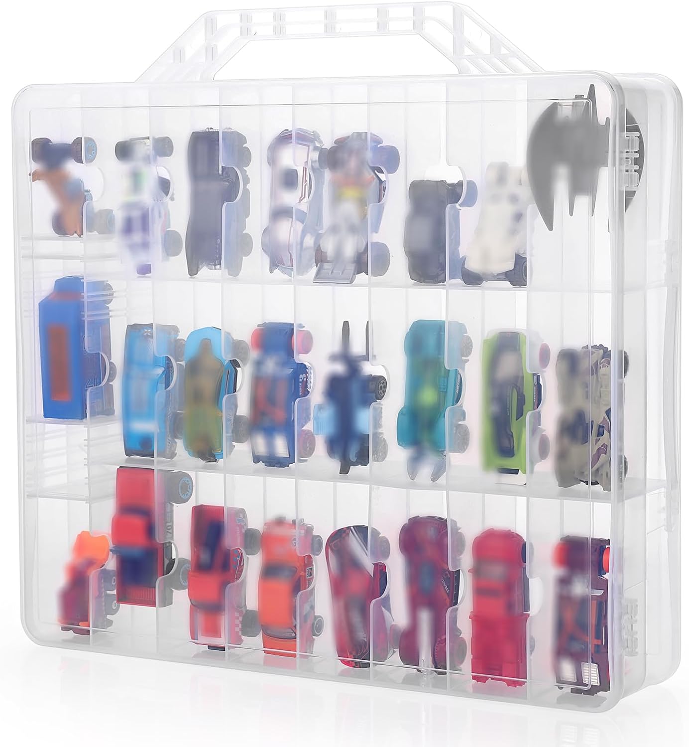 BTSKY Double Sided Toy Storage Organizer with 48 Compartments, Toy Organizer Carrying Case for Hot Wheels Car, Matchbox Cars, Mini Toys, Small Dolls, and more Mini Cars Collection(Blue)