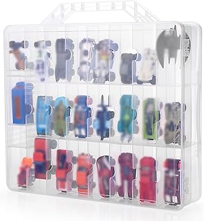 BTSKY Double Sided Toy Storage Organizer with 48 Compartments, Toy Organizer Carrying Case for Hot Wheels Car, Matchbox Cars, Mini Toys, Small Dolls, and more Mini Cars Collection(Clear)