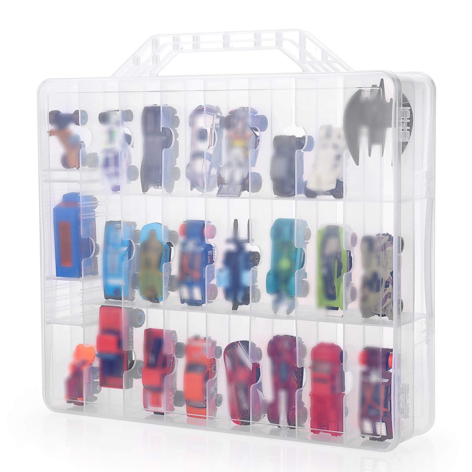 BTSKY Double Sided Toy Storage Organizer with 48 Compartments, Toy Organizer Carrying Case for Hot Wheels Car, Matchbox Cars, Mini Toys, Small Dolls, and more Mini Cars Collection(Clear)
