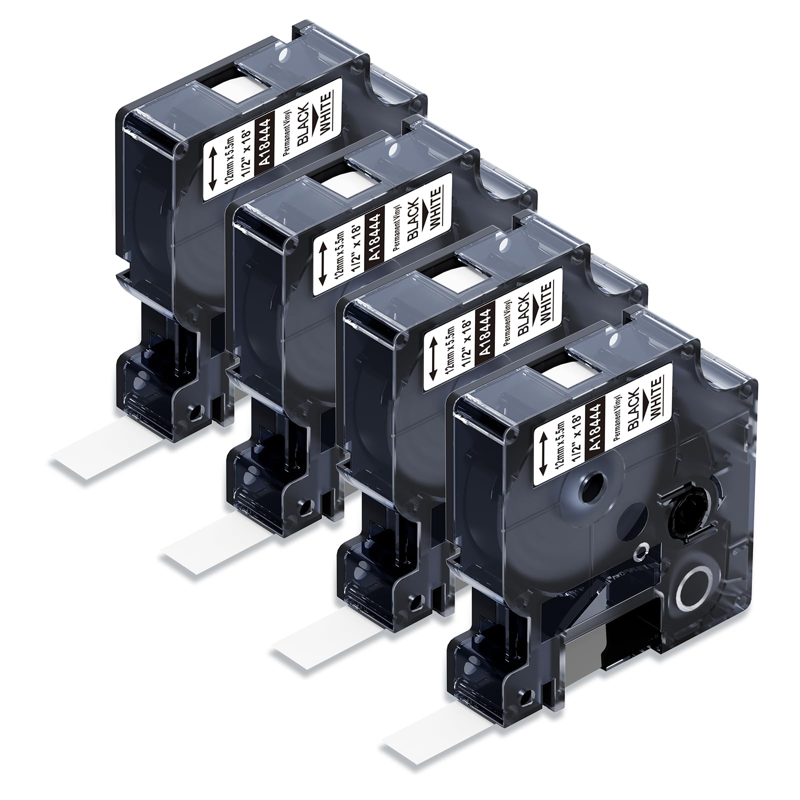 Compatible with Dymo Rhino Industrial Vinyl Labels 18444, 12 mm x 5.5 m, Black Print on White, Self-Adhesive for DYMO Rhino 5200, 4200, 6000 Industrial Label Maker, 4-Pack