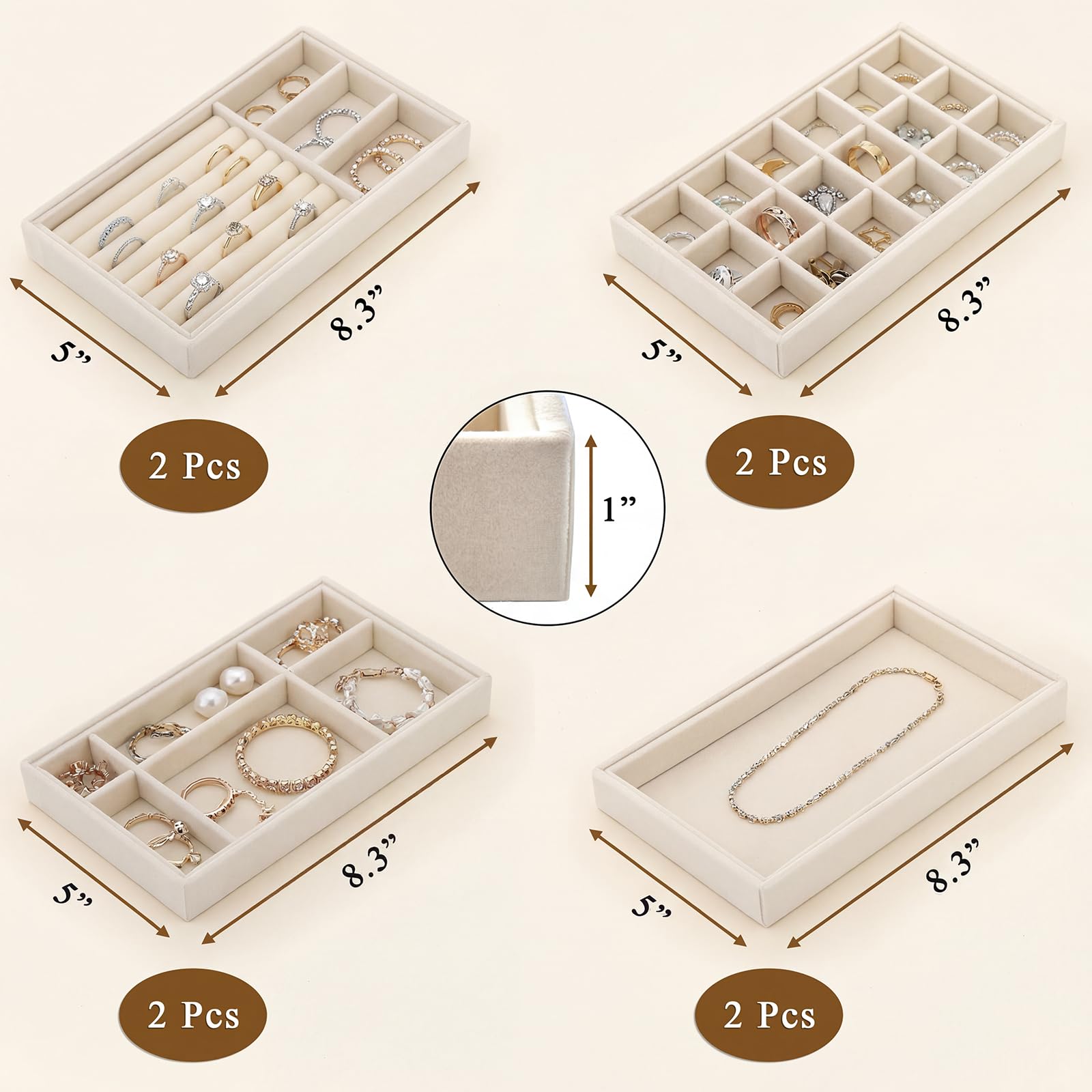ベージュの台座　アクセサリートレイ　ベルベット Amazon｜Elsjoy ベルベットジュエリートレイ 8個パック 積み重ね可能な