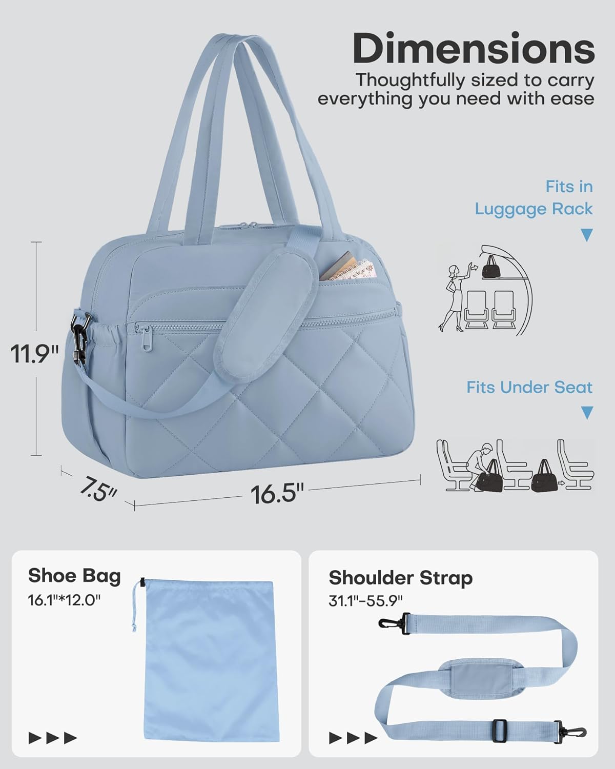 HOTOR Gym Bag for Women - Lightweight Travel Duffle Bags with Wet Pocket & Separate Shoe Bag, Multi-Pocket Carry on Weekender Duffel for Sports, Fitness, Overnight Trip, Blue, 16.5" x 7.5" x 11.9"