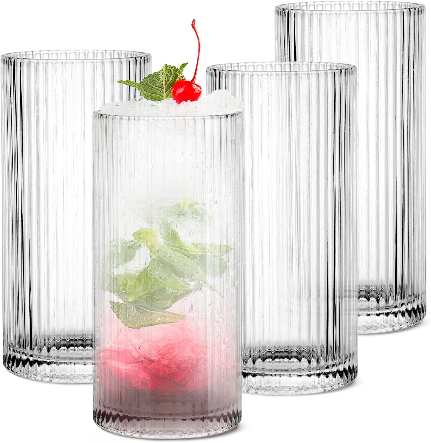 Ribbed Glassware Set, 4 Pcs Origami Style Glass Cup (350ml/12oz) Vintage Ripple Glasses Anti-slip for Iced Coffee Glass Juice Tea Drinking Glass Cocktail Bar Beverages Glasses Set