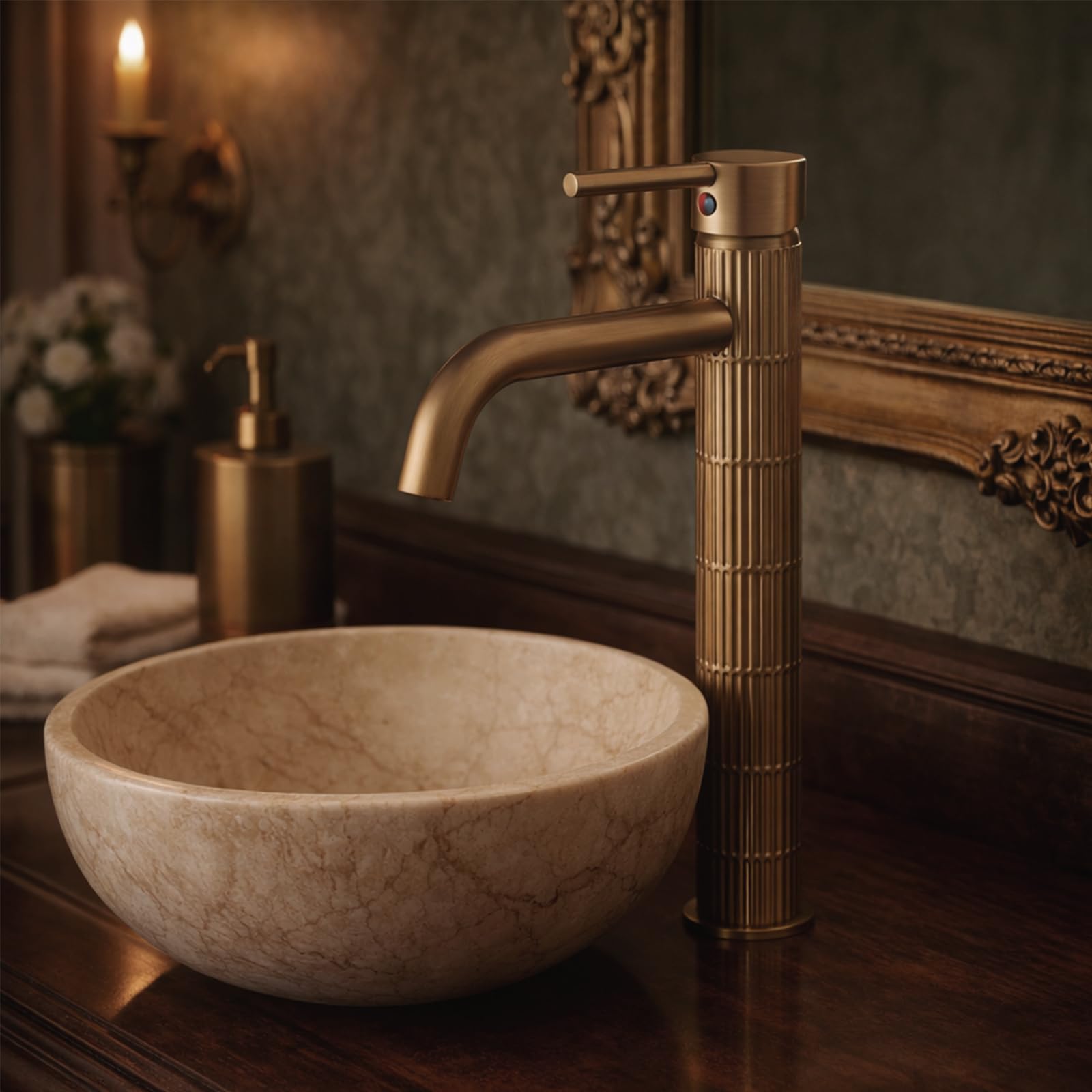 Grifo de lavabo alto monomando con cuerpo de latón, mezclador para lavabo sobre encimera, acabado vintage cepillado, cartucho cerámico (Bronce cepillado, Alto) — view 6