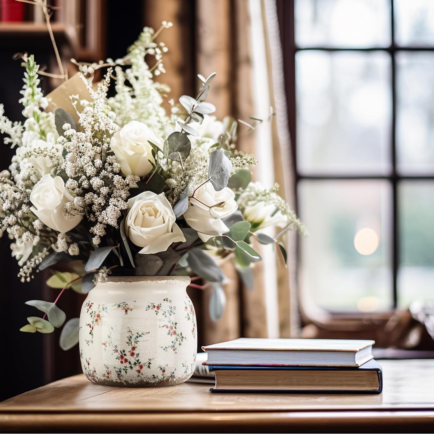 Vintage Planter Large Ceramic Plants Pot Beige Red Rustic Floral Ice Crack Cottage Scroll Vase Flower Vase Pot Indoor Plants Home Kitchen Decor Farmhouse Antique Decorative Gifts