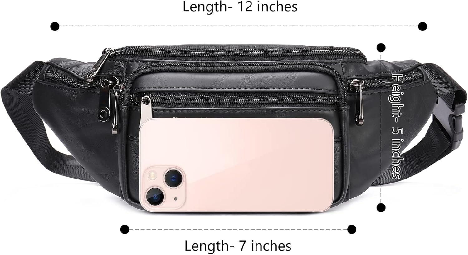 Genuine Leather Fanny Pack HandMade Durable cowhide Waist Bag Lots of Anti-theft zipper pocket Black - Image 2