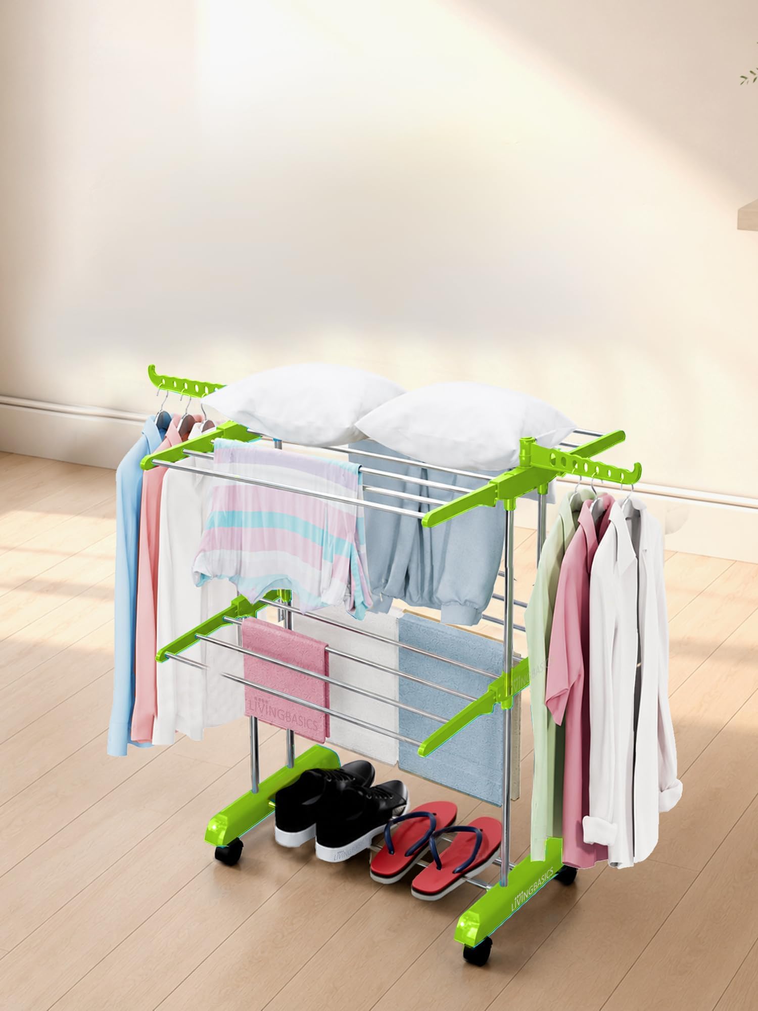 LIVINGBASICS 2 Layer Finest Clothes Stand for Drying/Cloth Drying Stand/Cloth Stand for Drying Clothes Foldable/Cloth Drying Stand for Balcony/Stainless Steel Hanging Dress Dryer Rack (Lime Green)