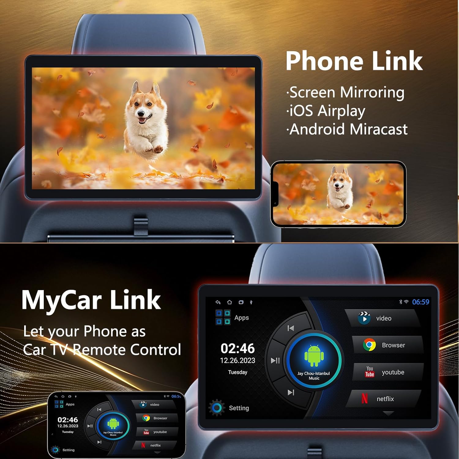 10.1" Car TV Headrest Monitor for Back Seat, 4K Android Tablet Portable Rear Entertainment System, Support Phone Wireless MirrorLink, with WiFi/HDMI/USB/Video Player, 2G+32G (2*PCS)