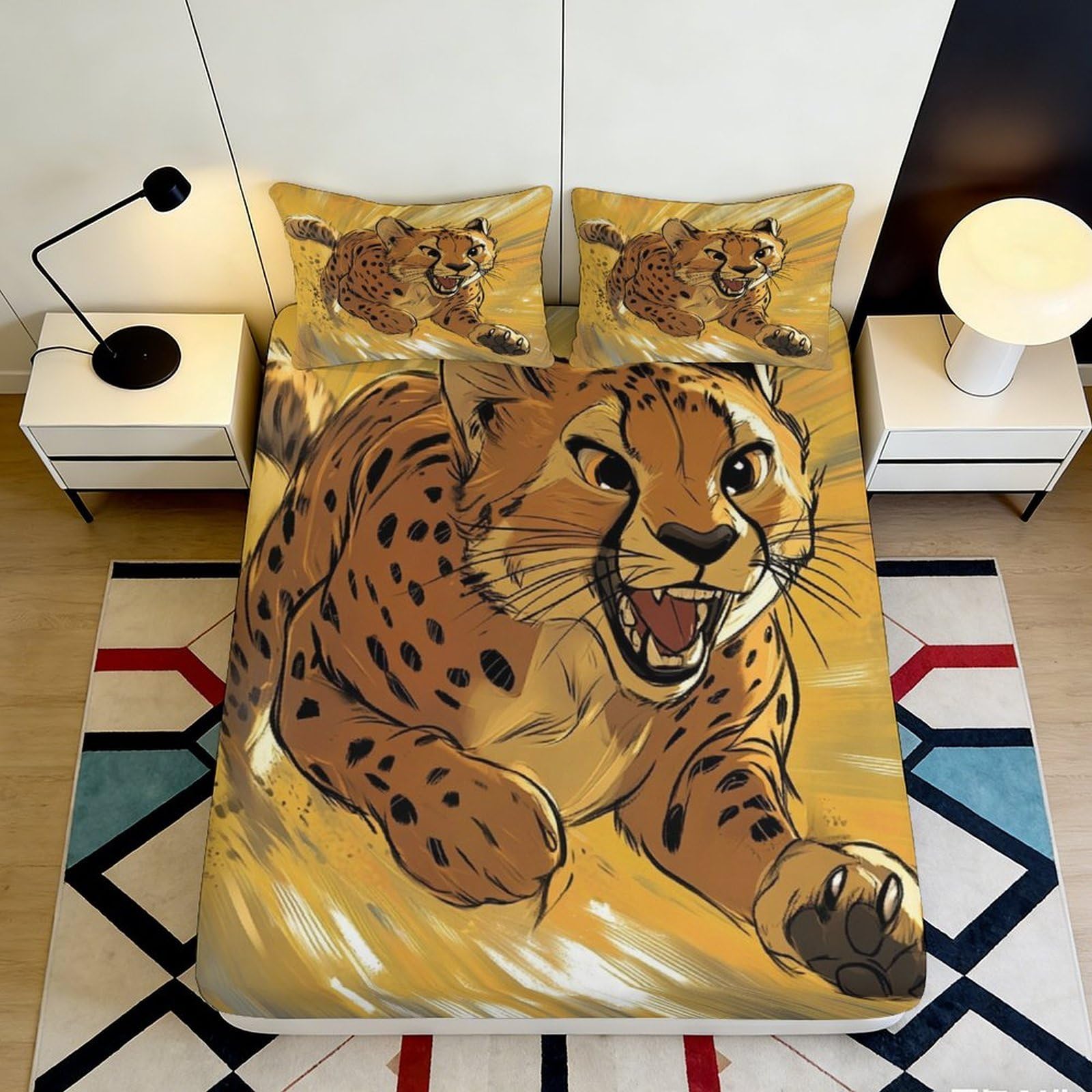 3D Printed Wild Cheetah Fitted Sheet Microfiber Soft Animal Pattern Bed Cover for Bedroom Guest Room Decor 200x200x25cm