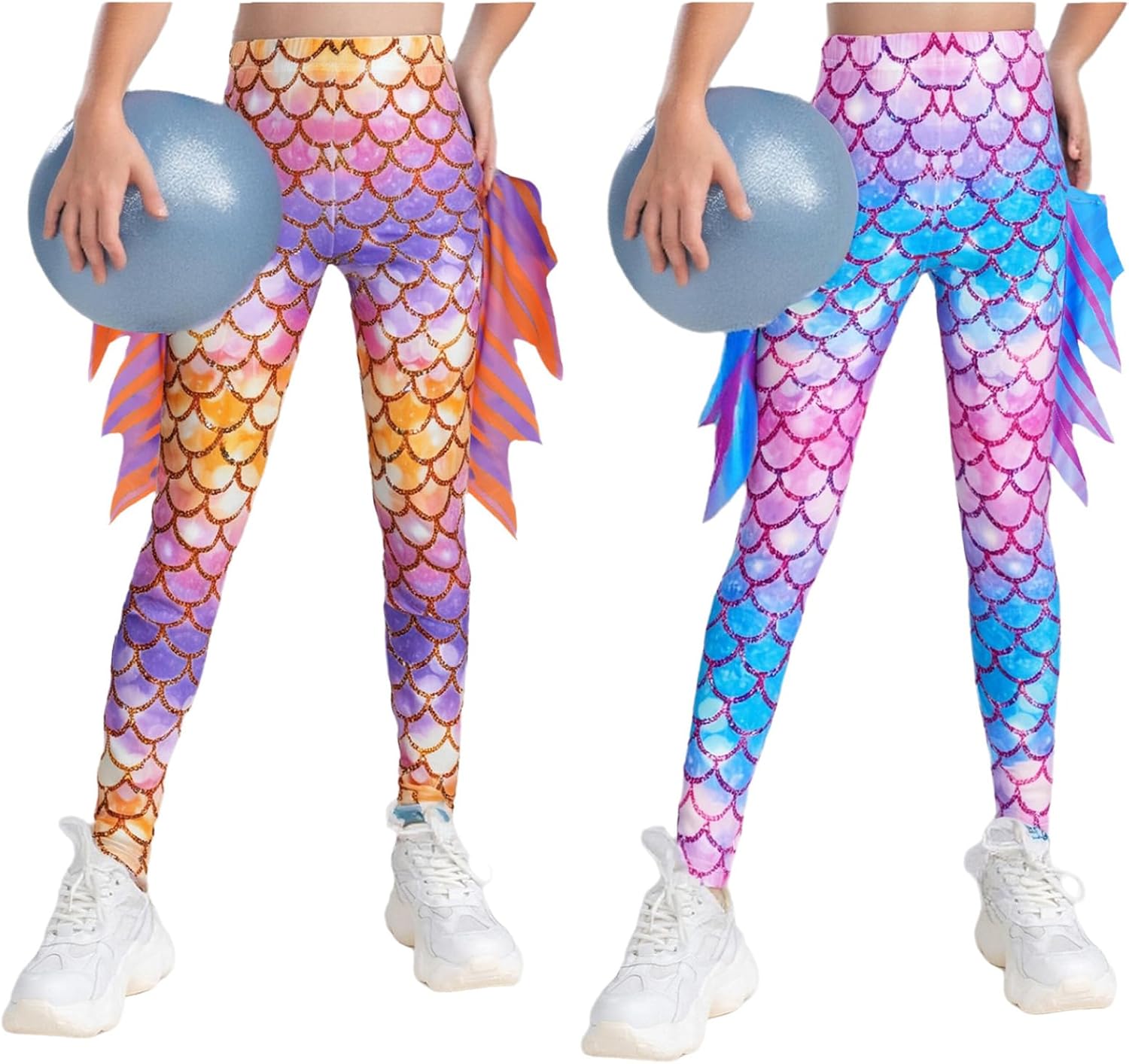 Jhaoyu 2-Pack Fish Scale Leggings for Girls Mermaid Tight Pants Carnival Dress Up High Waist Halloween Bottoms