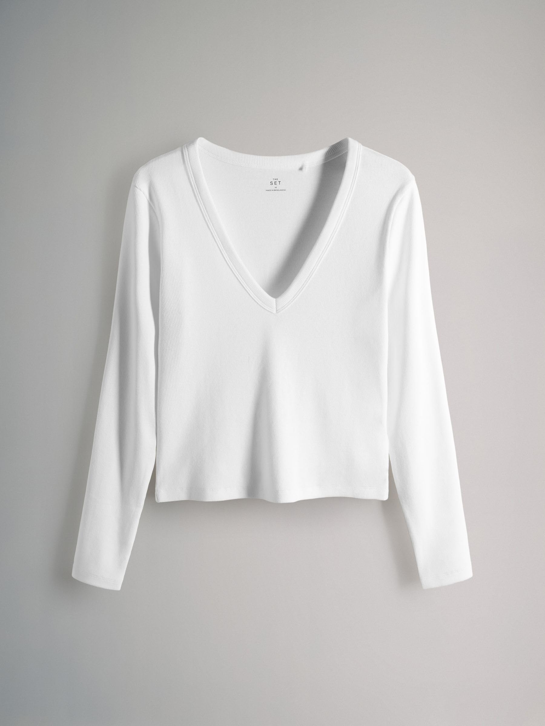 THE SET Femme T-Shirt côtelé à Manches Longues et Encolure en V, Lot de 5 | Coupe standard