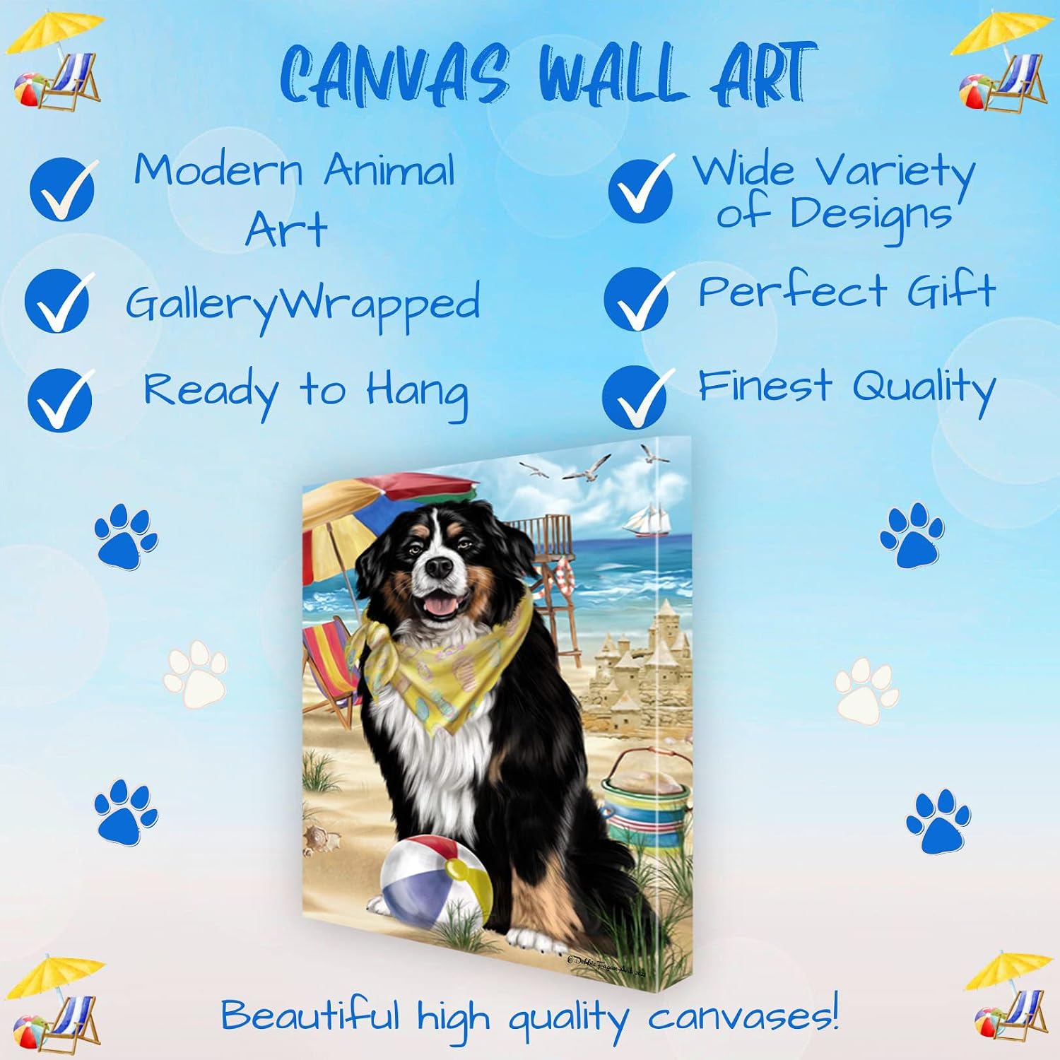 Doggie of the Day Pet Beach with Bernese Mountain Dog Canvas Wall Art - Premium Quality Ready to Hang Room Decor - Flat Rolled 8" x 10"