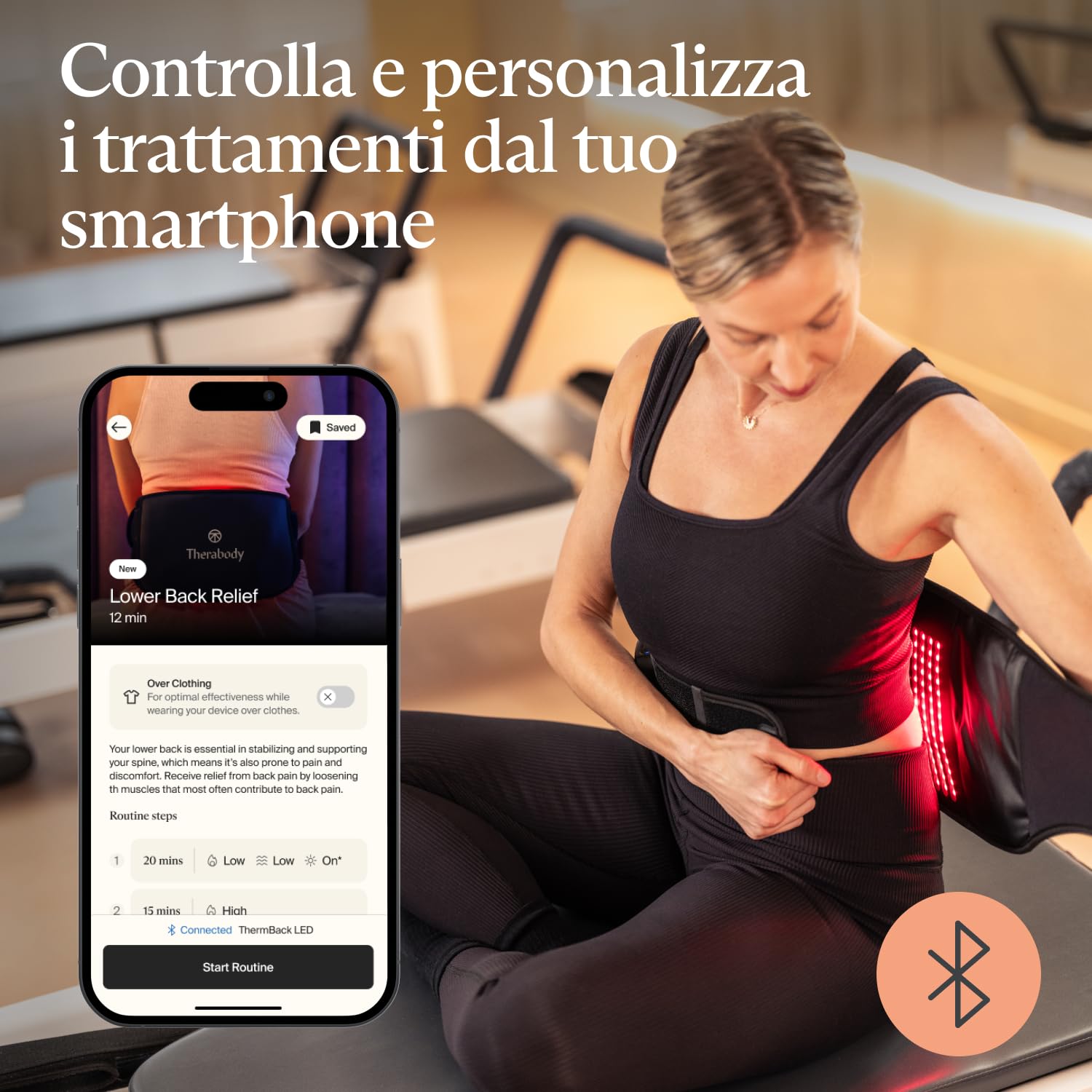 ThermBack LED di Therabody – fascia lombare 4 in 1 con terapie con calore, infrarossi lontani, vibrazione e luce LED per un rapido sollievo dalla tensione nella zona lombare.