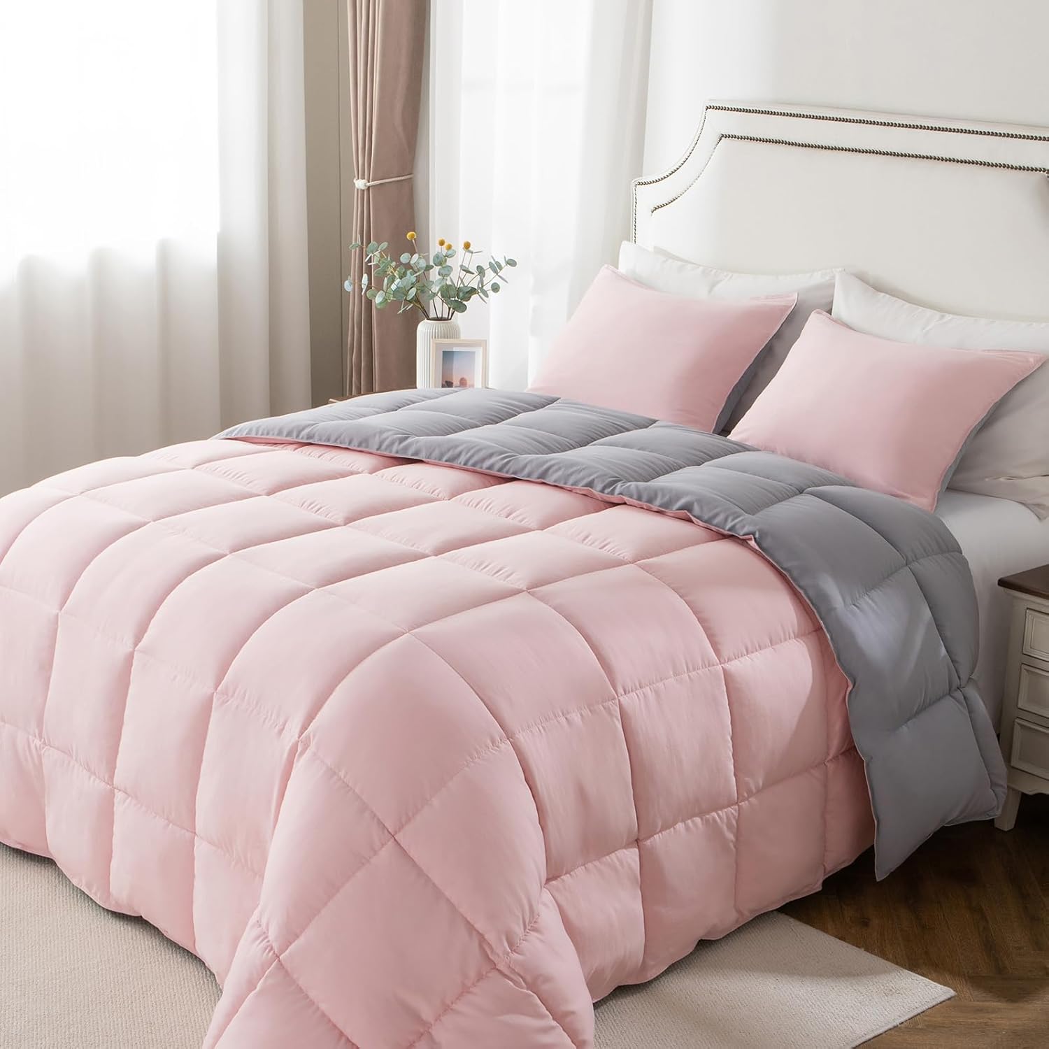 KASENTEX California King Comforter Set – Reversible Dual Color – Goose Down Alternative – Ultra-Soft, Lightweight, Machine Washable, Fluffy, All Season Warmth (Pink Potpourri/Quartz Silver) California King Pink Potpourri/Quartz Silver